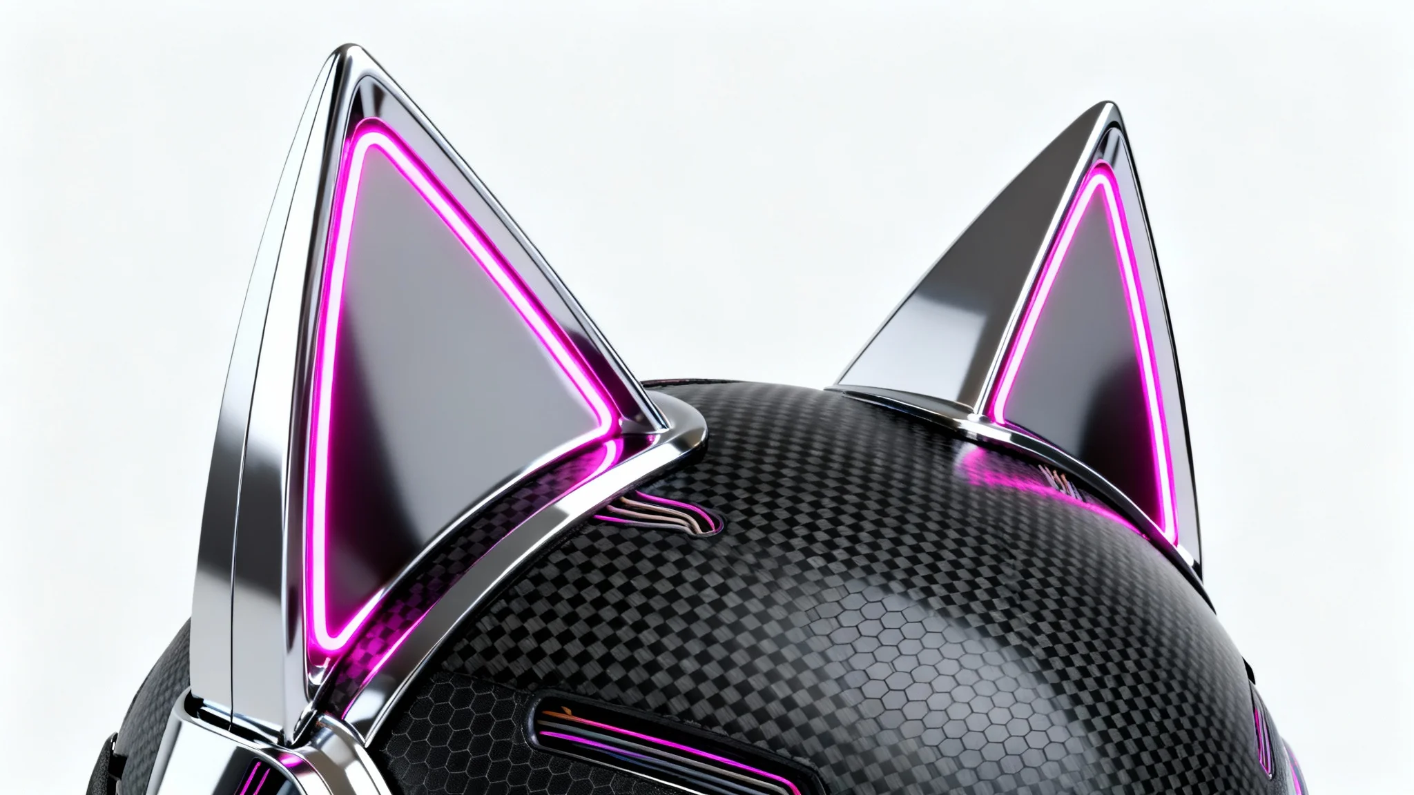 A photorealistic mockup of a pair of sleek, black and chrome cyberpunk cat ears with glowing magenta LED lights, presented against a stark white background.