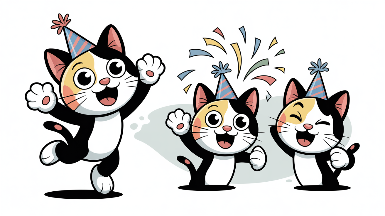A showcase of an animated emote generator, with a static cartoon cat on the left and a three-frame animation sequence of the same cat wiggling and winking on the right.