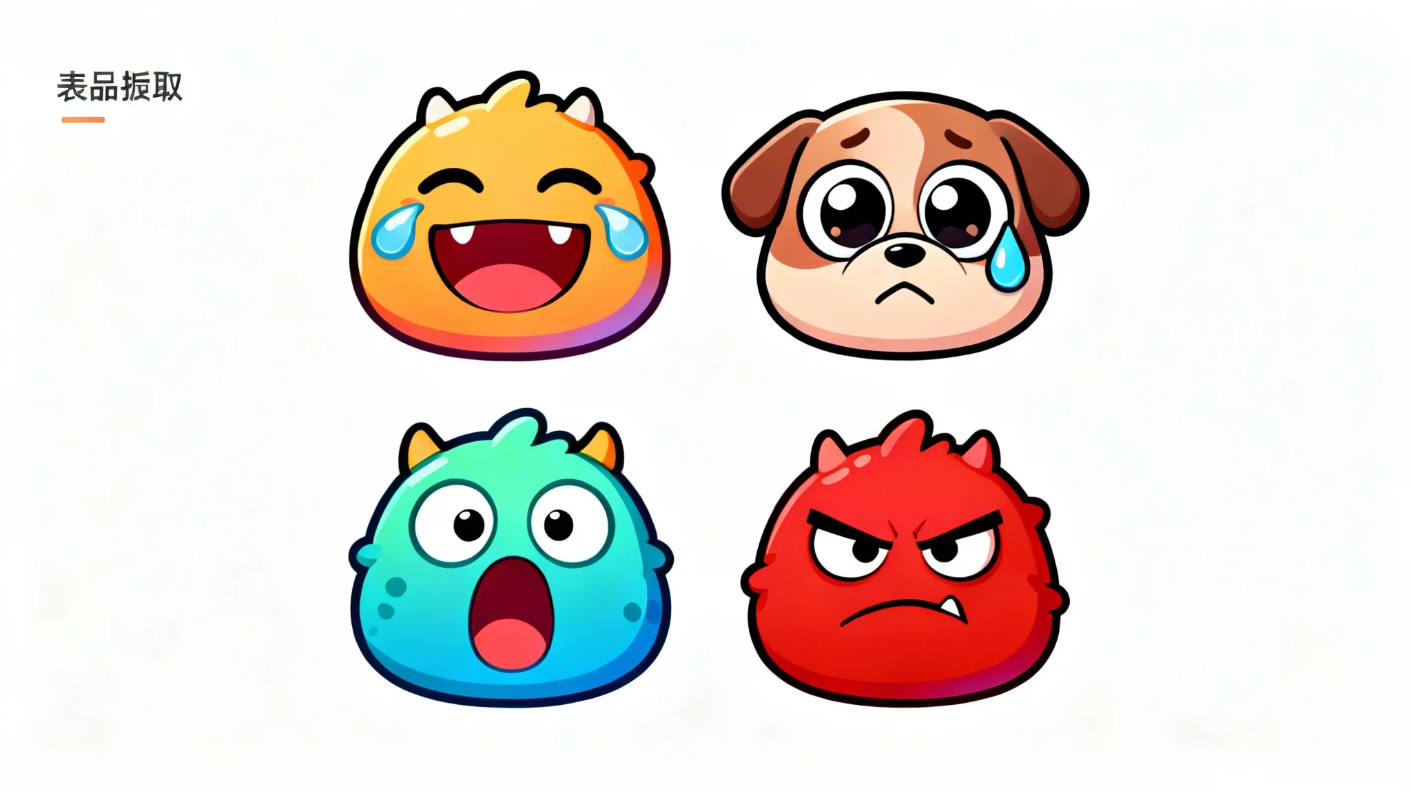 A mockup showcasing a set of four cartoon monster emotes with different expressions: laughing, sad, surprised, and angry, displayed against a clean white background.