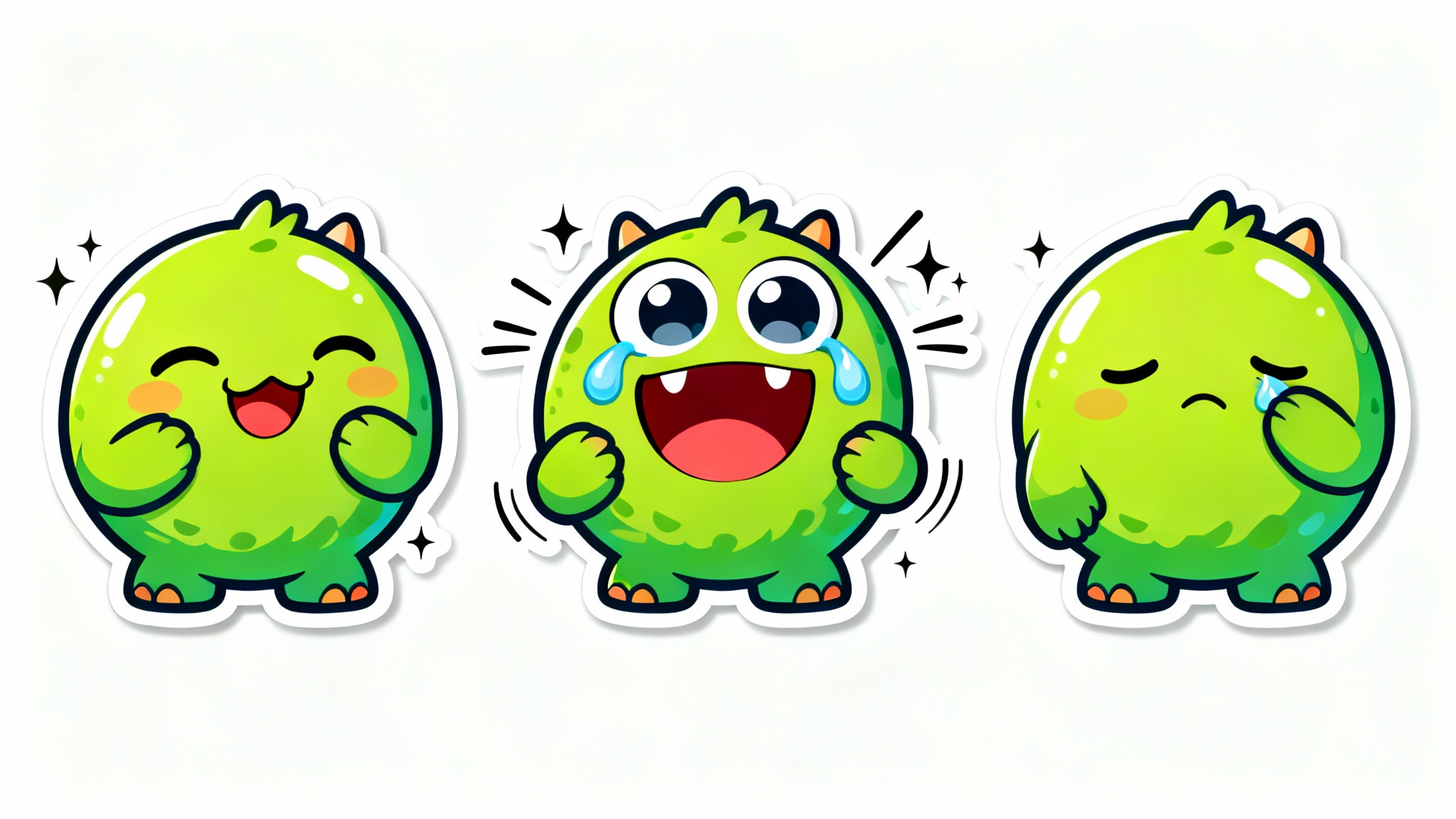 An illustration of an animated emote showing a cute monster laughing hysterically in three sequential frames against a white background.