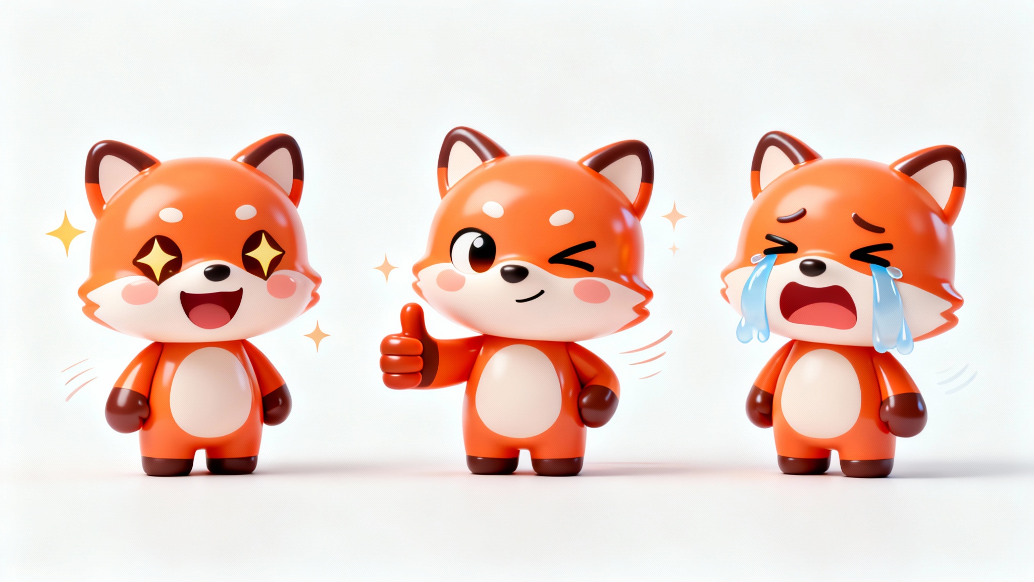 A collection of three vibrant, glossy 3D animated-style emotes of a cute cartoon character, isolated on a white background to represent an animated emote generator.