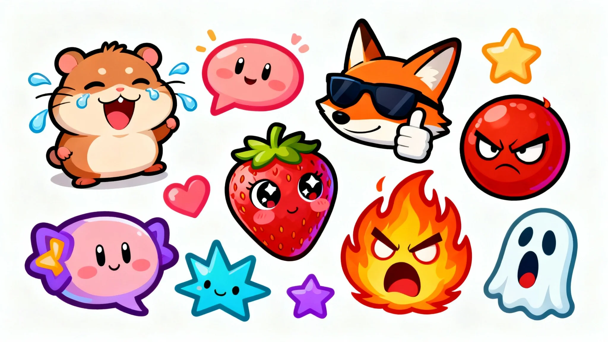 A collection of colorful and expressive cartoon emotes on a white background, featuring a laughing hamster, a cool fox, a blushing strawberry, an angry flame, and a surprised ghost.