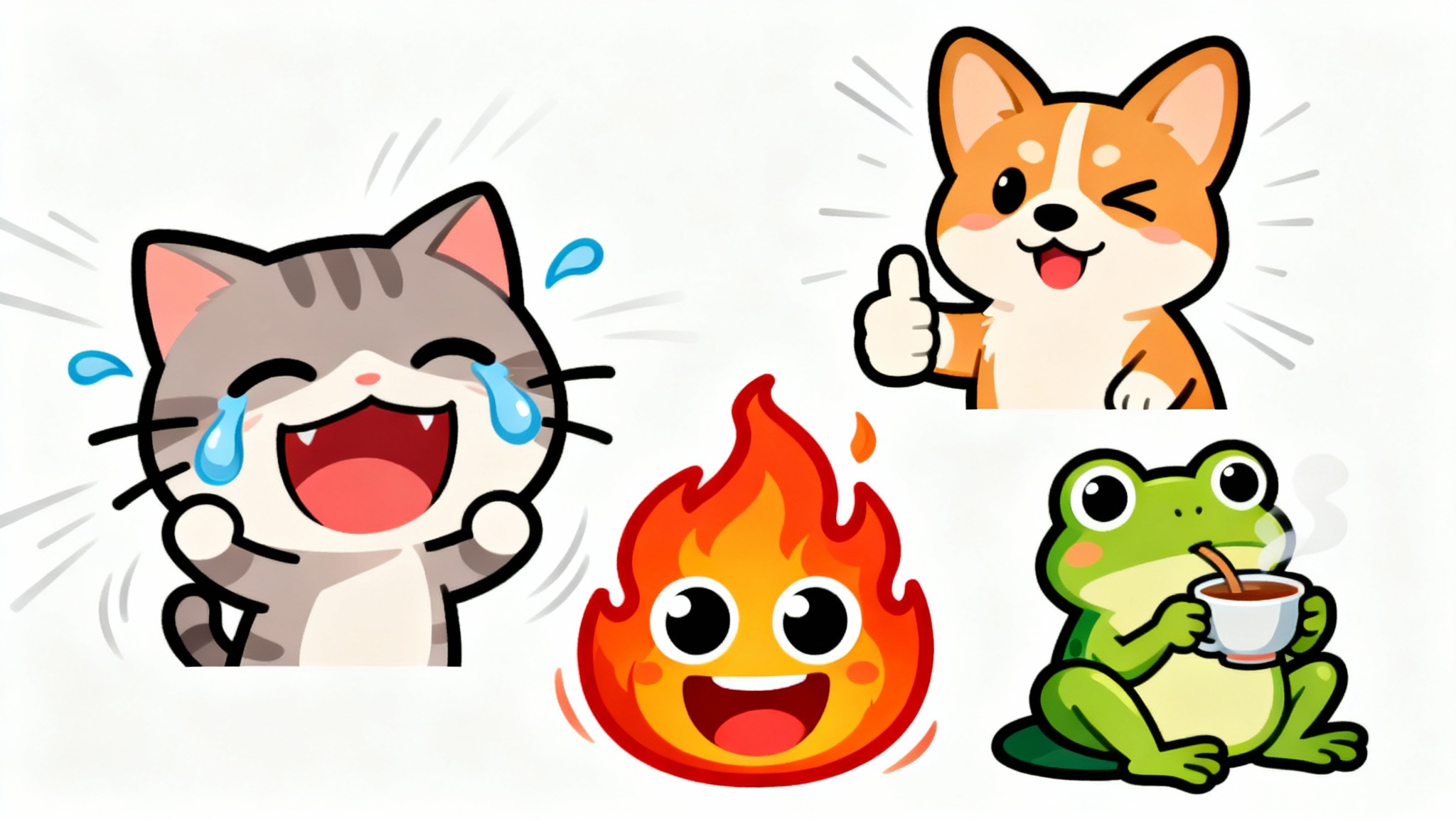 A vibrant collection of four cute cartoon emotes, including a laughing cat, a winking corgi, a cartoon fire, and a frog sipping tea, displayed on a white background.