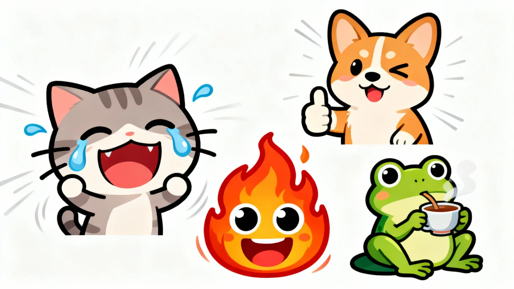 A vibrant collection of four cute cartoon emotes, including a laughing cat, a winking corgi, a cartoon fire, and a frog sipping tea, displayed on a white background.