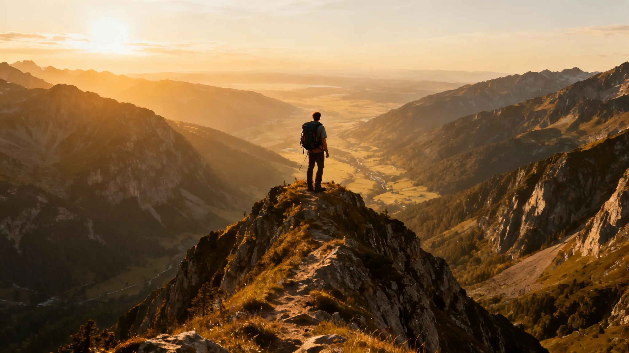 A cinematic 16:9 photograph showing the result of an AI aspect ratio conversion, featuring a hiker on a mountain peak at sunset, with the landscape seamlessly expanded on either side to create a panoramic view.