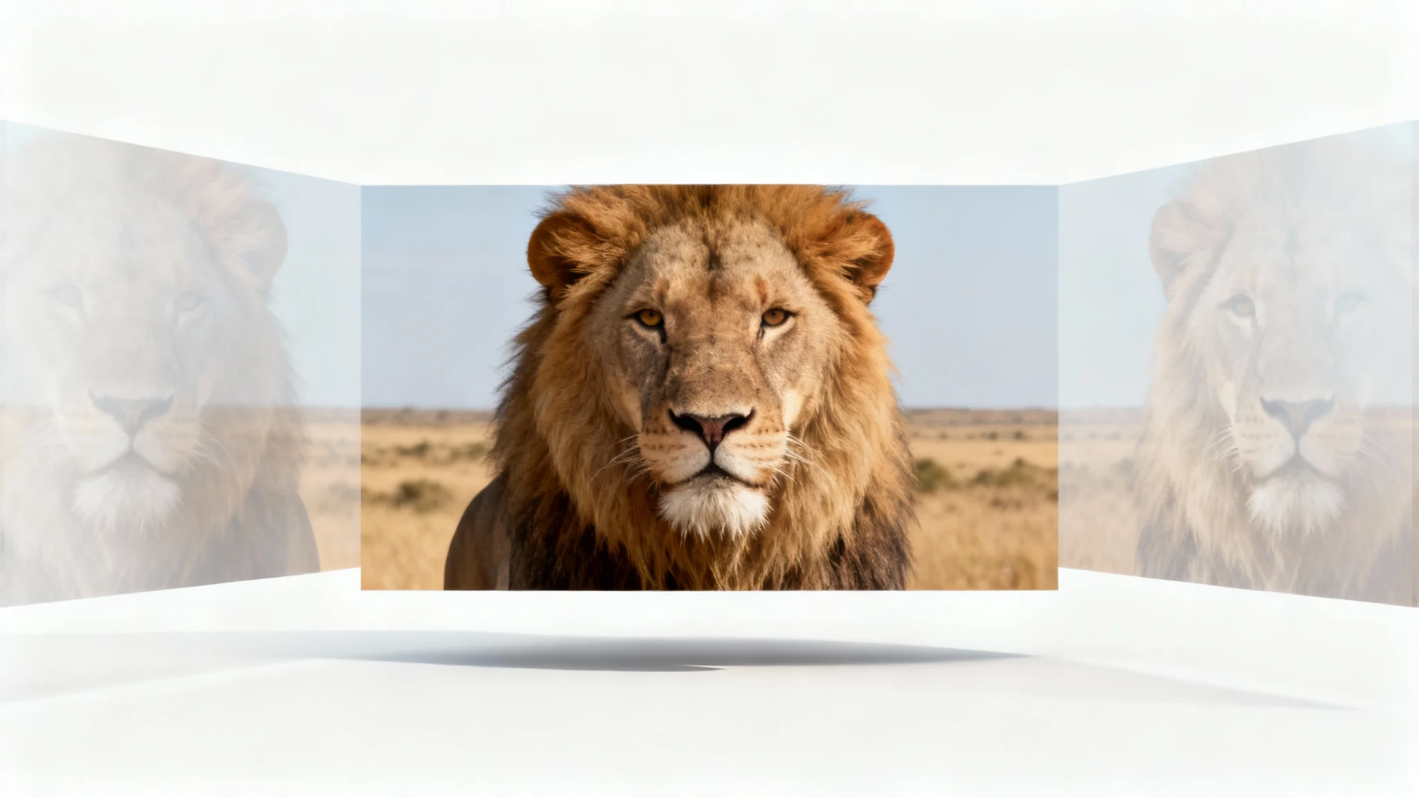 A conceptual image illustrating aspect ratio conversion, where a vertical portrait of a lion's face is digitally extended on both sides to create a complete 16:9 widescreen image against a white background.