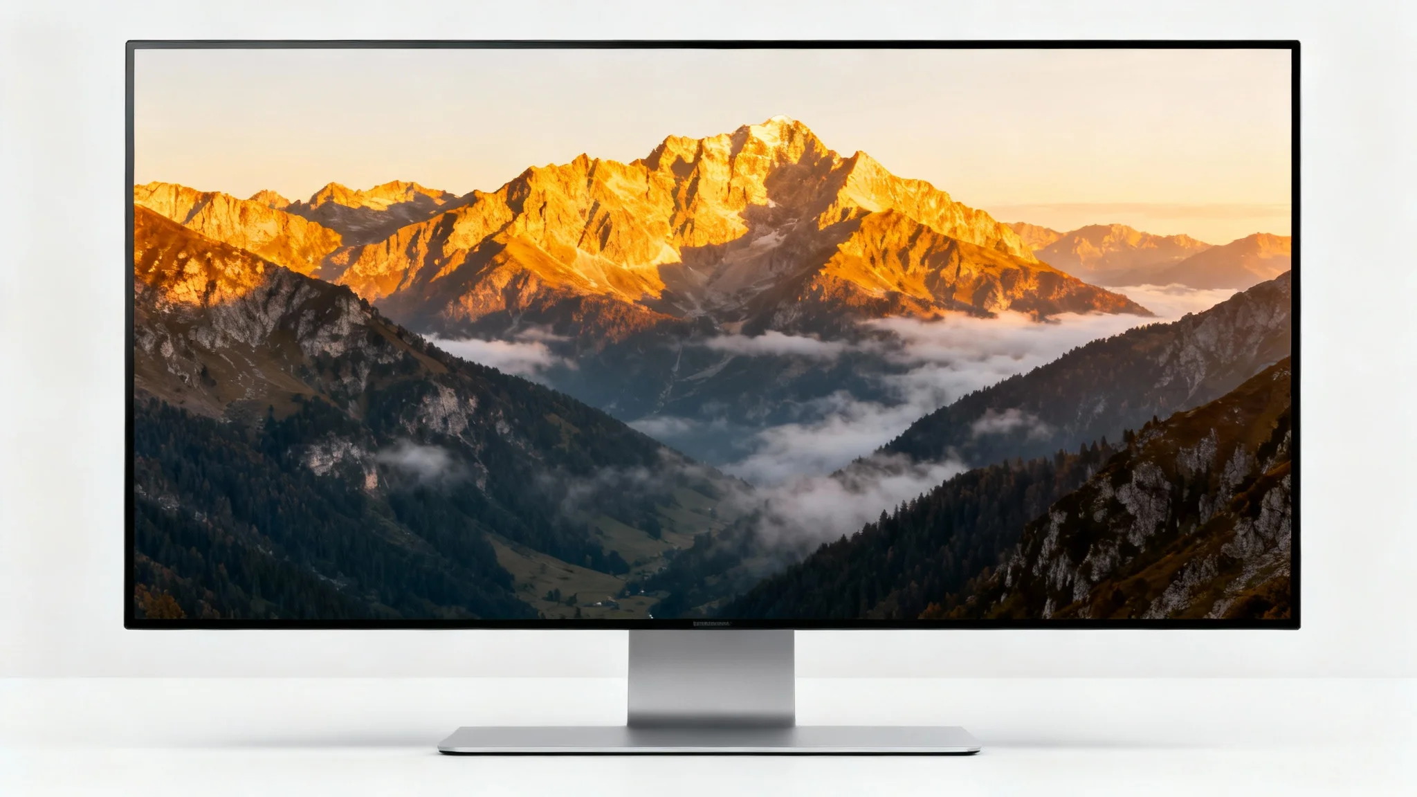 A sleek, modern monitor on a white background displaying a breathtaking mountain sunrise photograph that perfectly fills the 16:9 widescreen display.