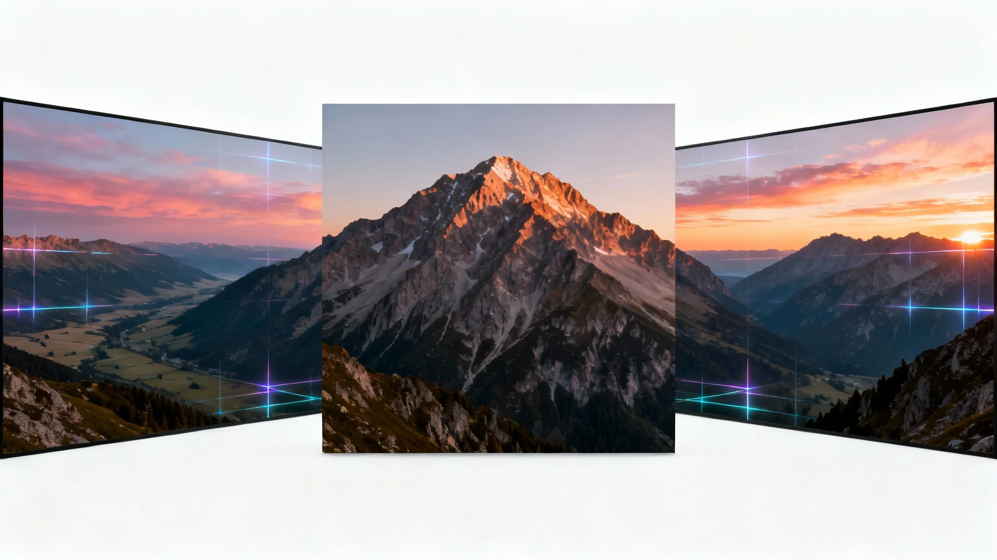 An image of a mountain landscape being digitally expanded from a square photo into a 16:9 widescreen format, demonstrating an AI-powered aspect ratio conversion.