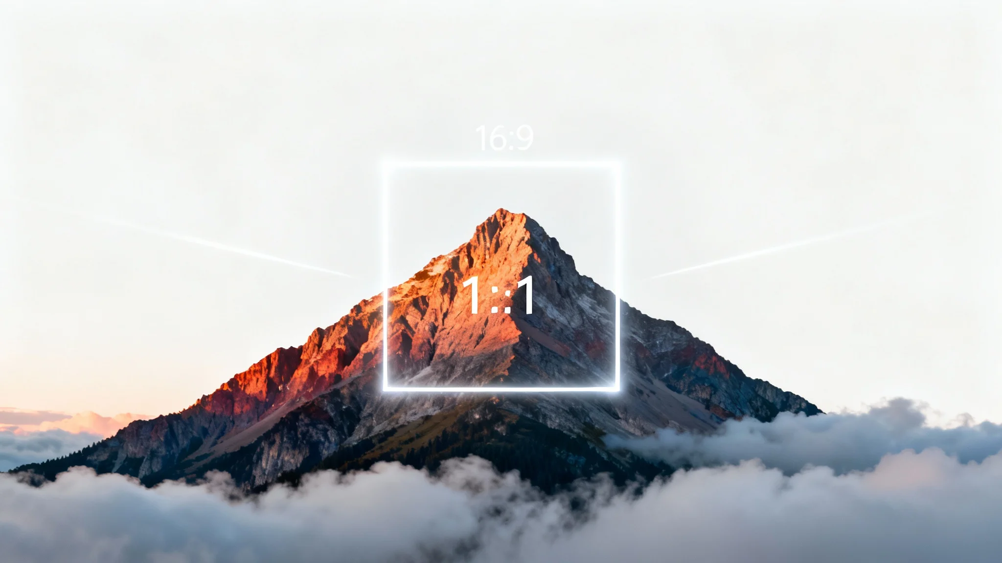 A visual representation of an image being converted from a square to a 16:9 widescreen format, showing a mountain landscape expanding to fill the wider frame.