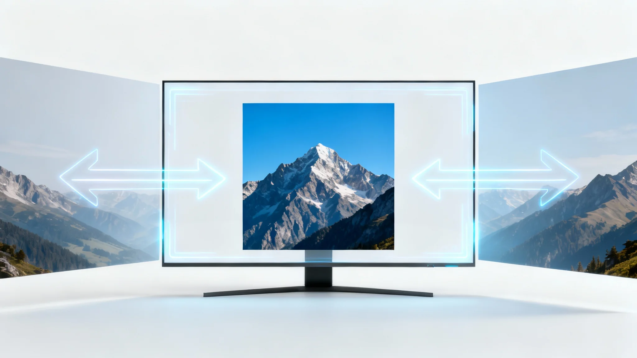 A conceptual image illustrating aspect ratio conversion, showing a square photo of a mountain being digitally extended on both sides to fit a 16:9 widescreen format against a white background.