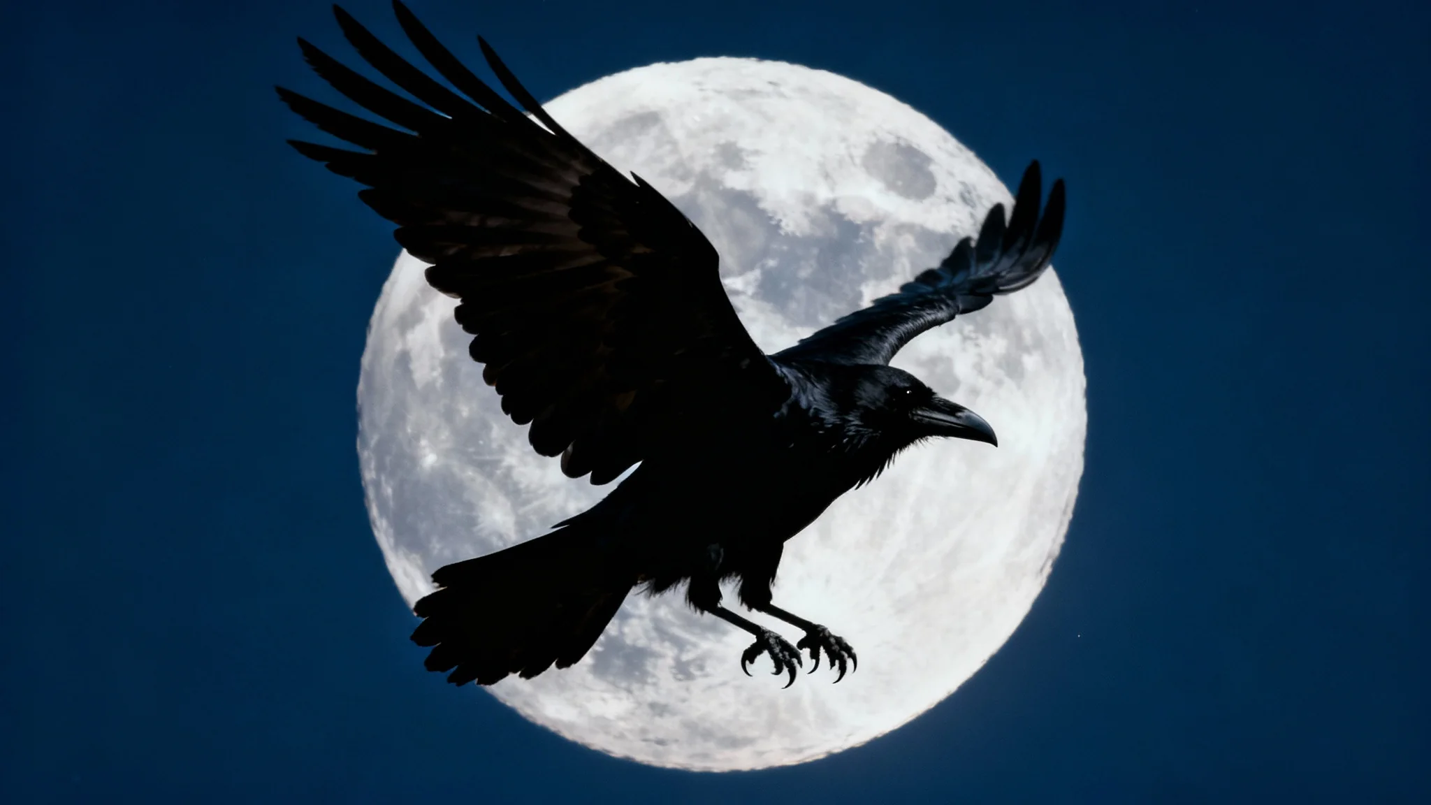 A dramatic silhouette of a flying raven with its wings spread, set against a large, glowing full moon in a dark night sky.
