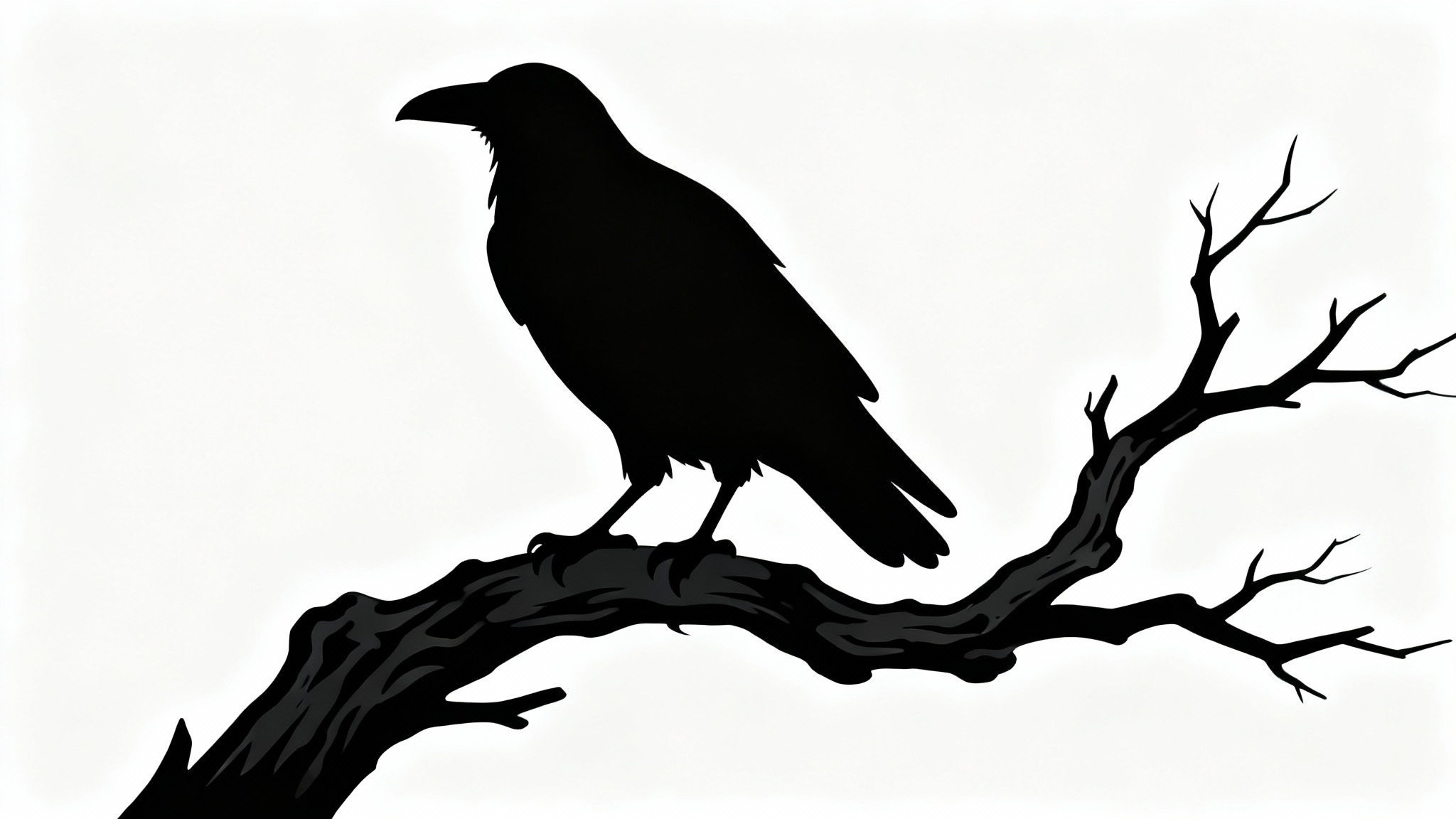 A high-contrast vector silhouette of a black raven perched on a gnarled branch, set against a plain white background.