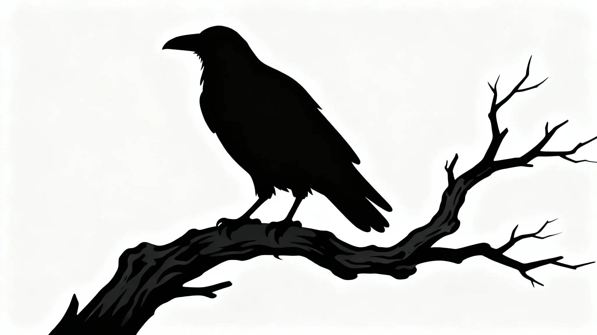 A high-contrast vector silhouette of a black raven perched on a gnarled branch, set against a plain white background.