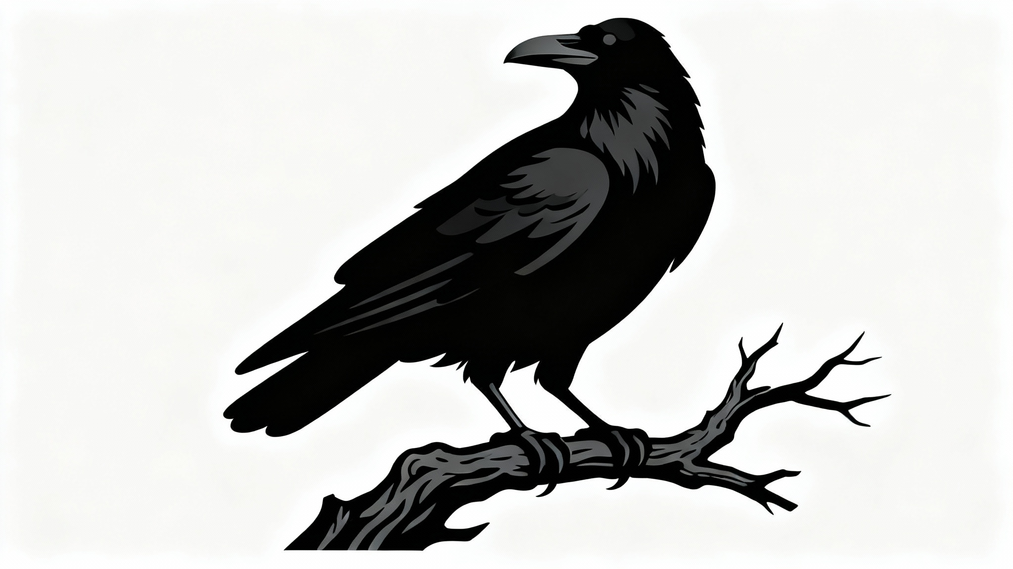 A minimalist black vector silhouette of a raven perched on a twisted branch, set against a plain white background.