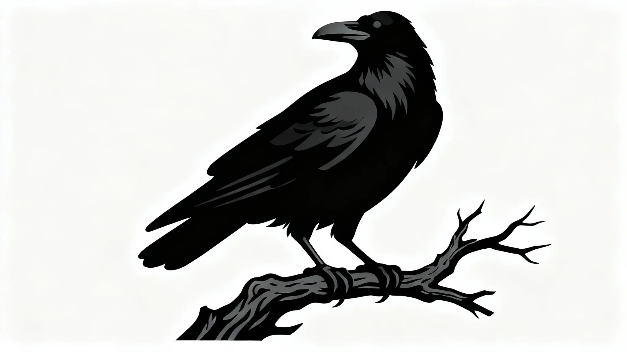 A minimalist black vector silhouette of a raven perched on a twisted branch, set against a plain white background.
