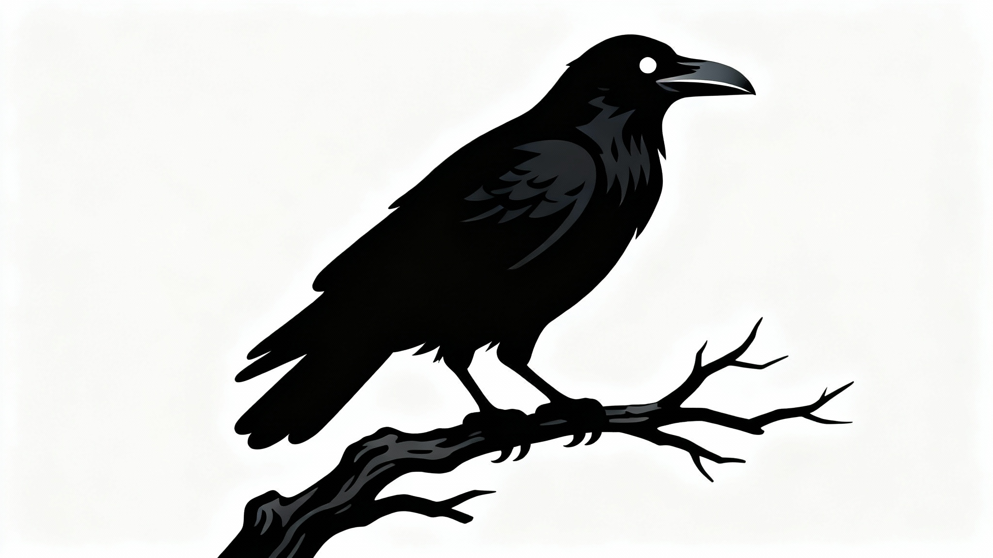 A minimalist black silhouette of a raven perched on a gnarled branch, set against a clean white background.