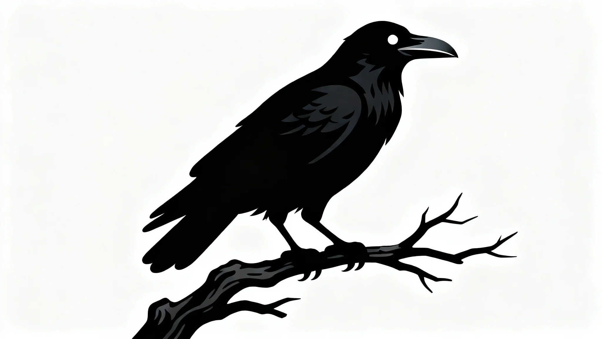 A minimalist black silhouette of a raven perched on a gnarled branch, set against a clean white background.