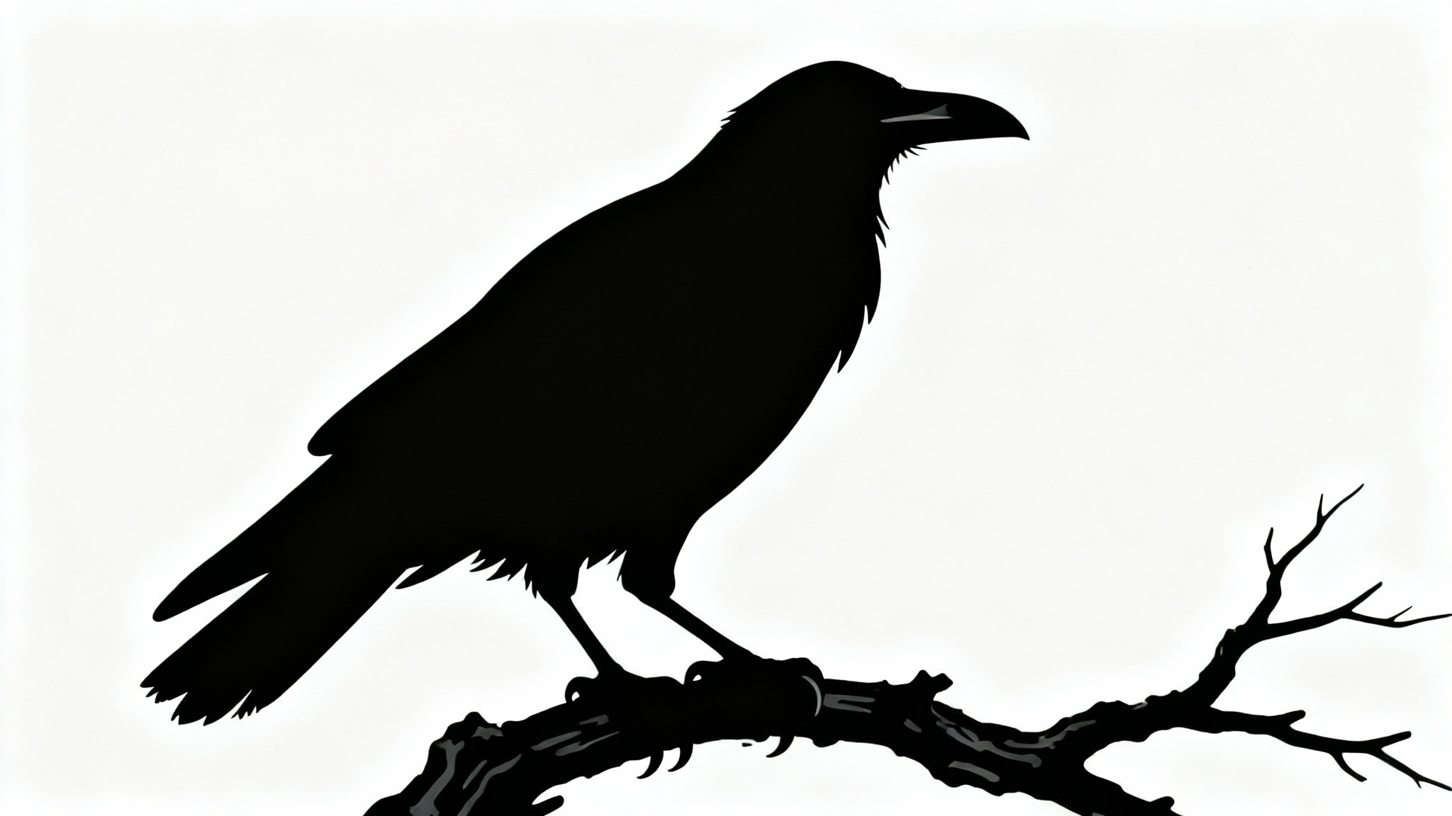 A dramatic black silhouette of a raven perched on a dead branch, set against a stark white background.