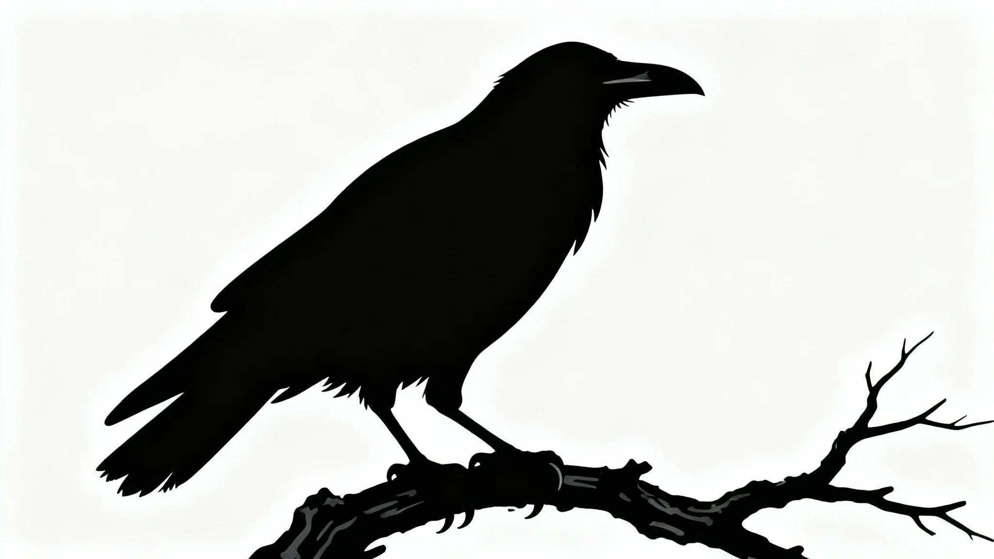 A dramatic black silhouette of a raven perched on a dead branch, set against a stark white background.