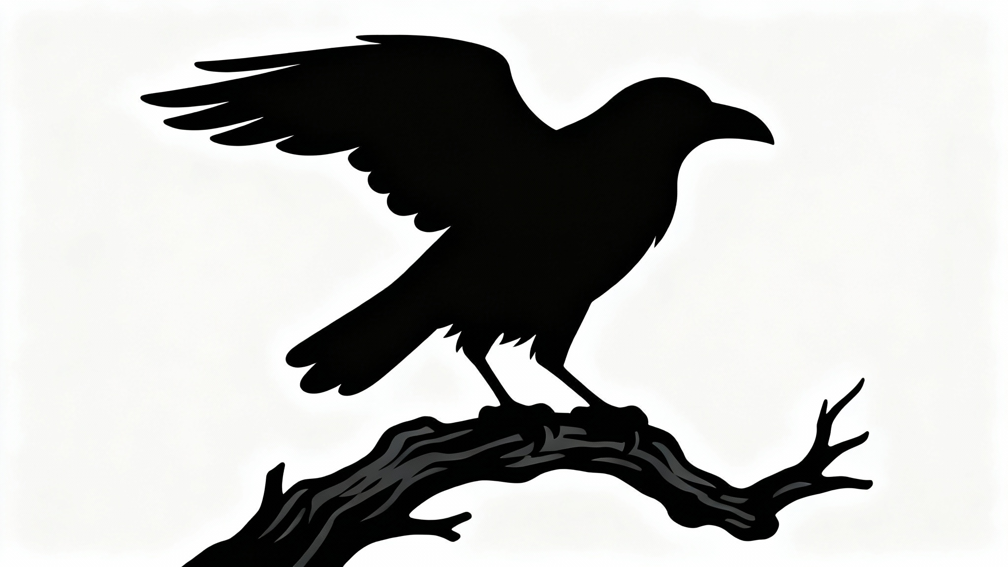 A minimalist black silhouette of a raven with its wings slightly spread, set against a stark white background.