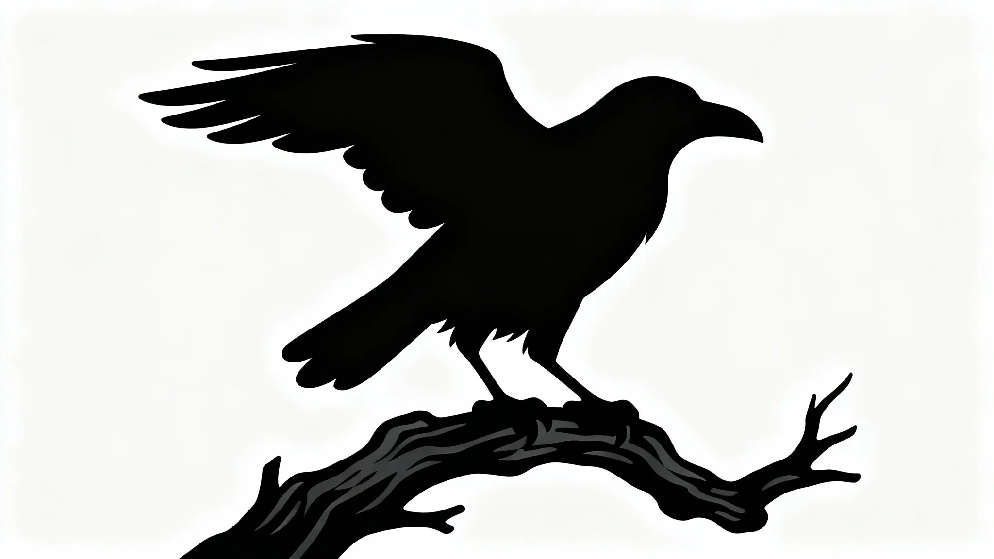 A minimalist black silhouette of a raven with its wings slightly spread, set against a stark white background.