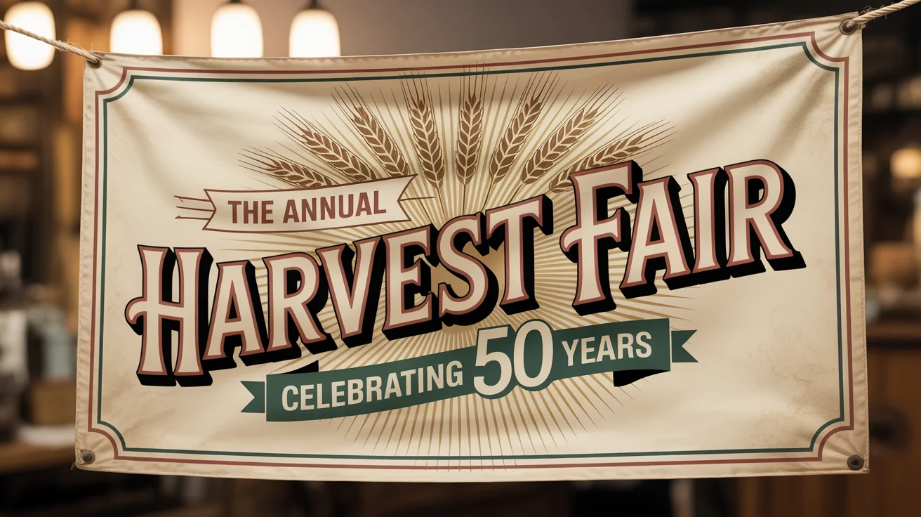 A professionally designed vintage banner for 'THE ANNUAL HARVEST FAIR', featuring retro typography and illustrations against a clean background.