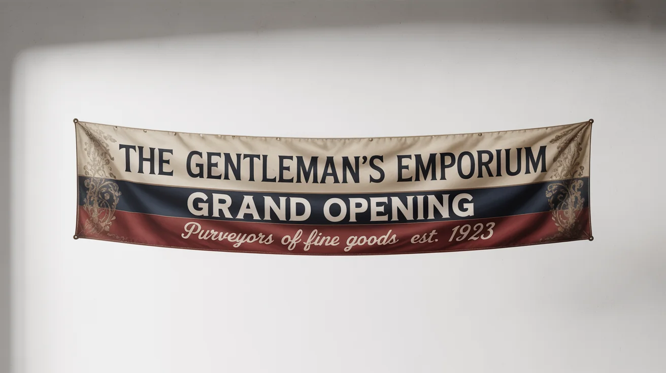 A vintage-style banner mockup for 'The Gentleman's Emporium' against a white background, featuring classic typography and ornate borders.