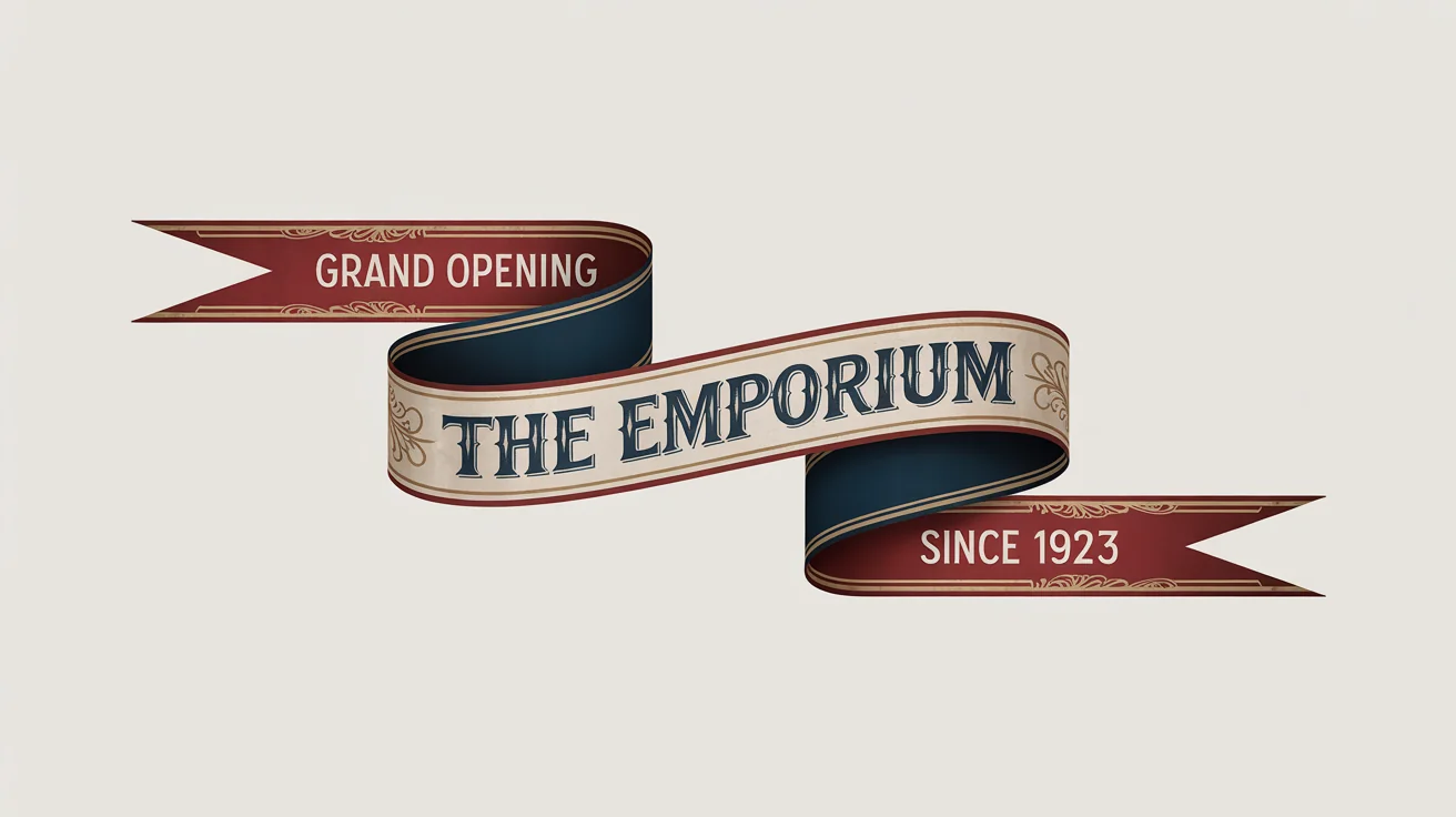 A vintage-style banner mockup celebrating a grand opening. The ribbon-shaped banner is crimson, navy, and cream, with the text 'GRAND OPENING', 'The Emporium', and 'SINCE 1923' in classic fonts, all set against a white background.
