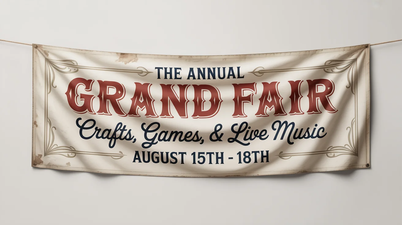 A vintage-style banner mockup for 'The Annual Grand Fair', featuring retro typography and ornate borders, set against a clean white background.