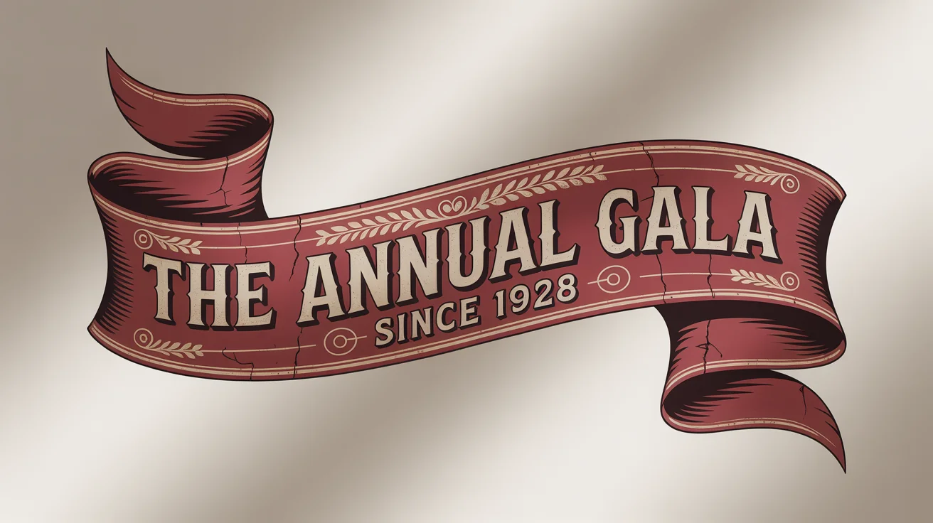 A mockup of a vintage crimson banner with gold lettering that reads 'THE ANNUAL GALA' and 'SINCE 1928', set against a plain white background.