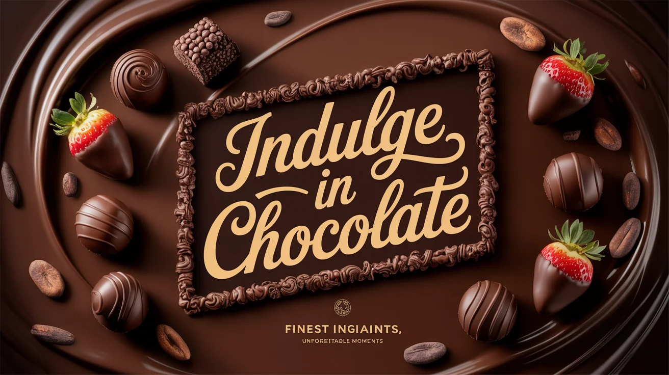 A professionally designed hero banner for a chocolate brand. The banner features a dark chocolate background with the words 'Indulge in Chocolate' in elegant gold script. It is decorated with images of chocolate truffles, cocoa beans, and chocolate-dipped strawberries, creating a decadent and luxurious feel.