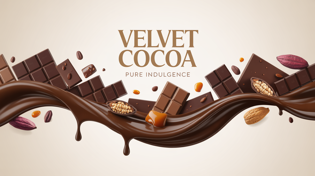 A mockup of an elegant, horizontal chocolate banner on a white background, featuring flowing molten chocolate, chunks of chocolate bars, and the brand name 'VELVET COCOA' with the tagline 'Pure Indulgence' in gold.