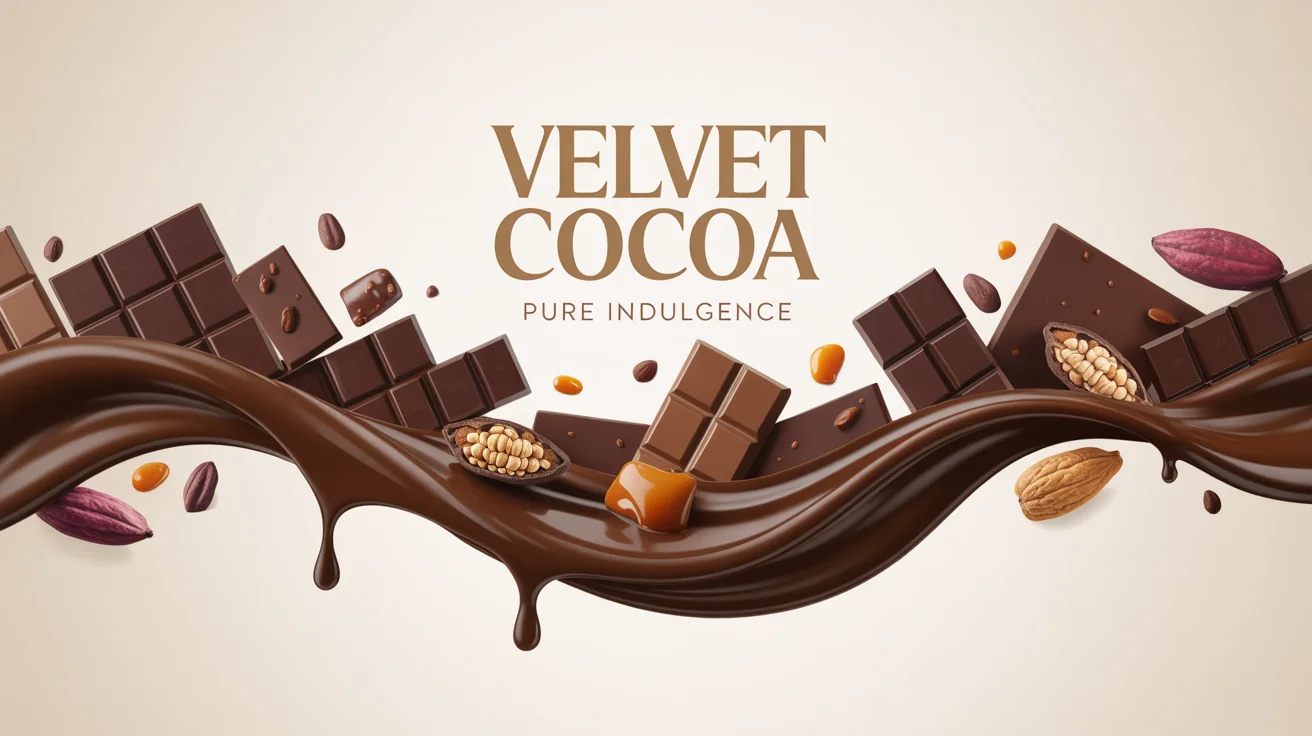 A mockup of an elegant, horizontal chocolate banner on a white background, featuring flowing molten chocolate, chunks of chocolate bars, and the brand name 'VELVET COCOA' with the tagline 'Pure Indulgence' in gold.
