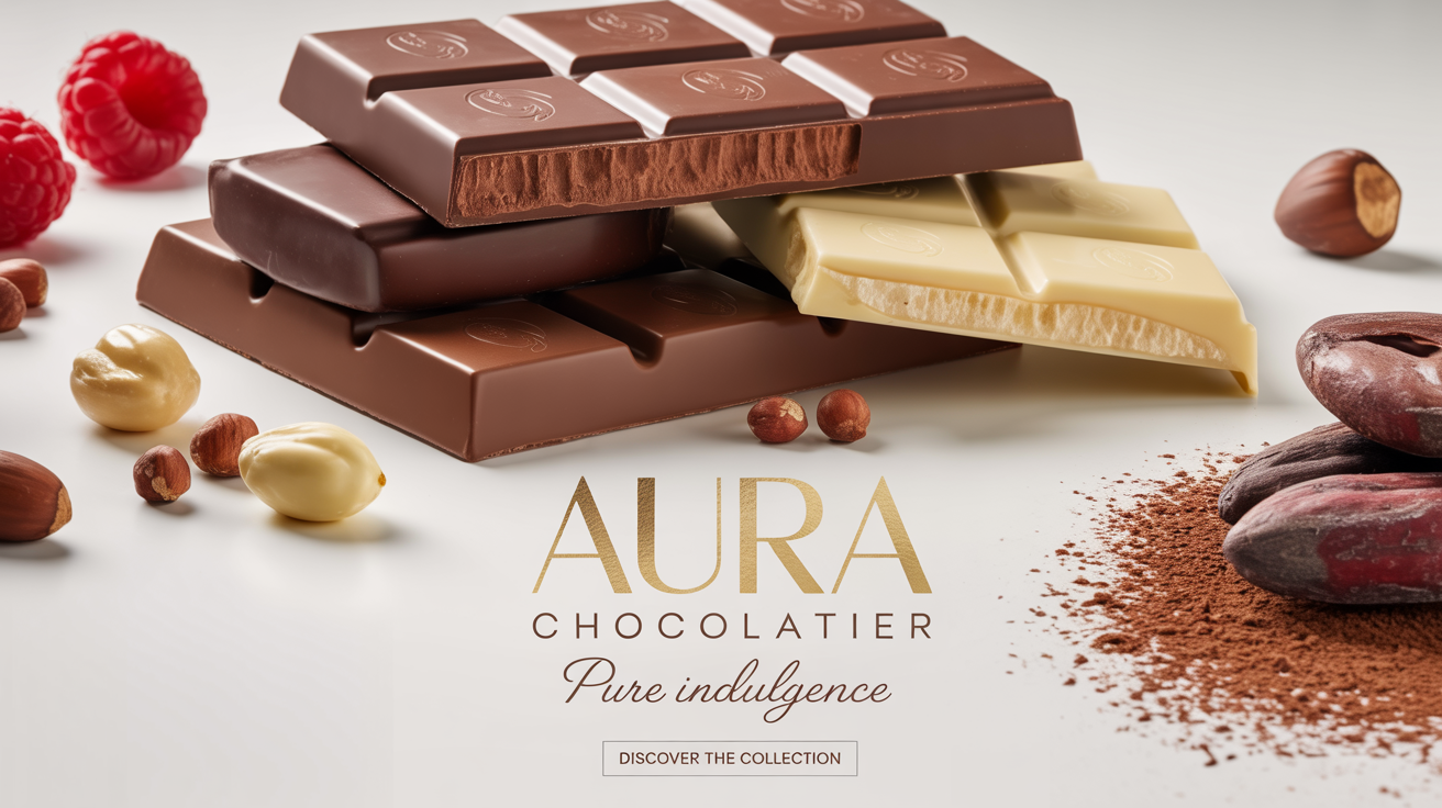 An advertising banner for a luxury chocolate brand named 'AURA Chocolatier', showing an arrangement of dark, milk, and white chocolate with hazelnuts and raspberries on a white background.