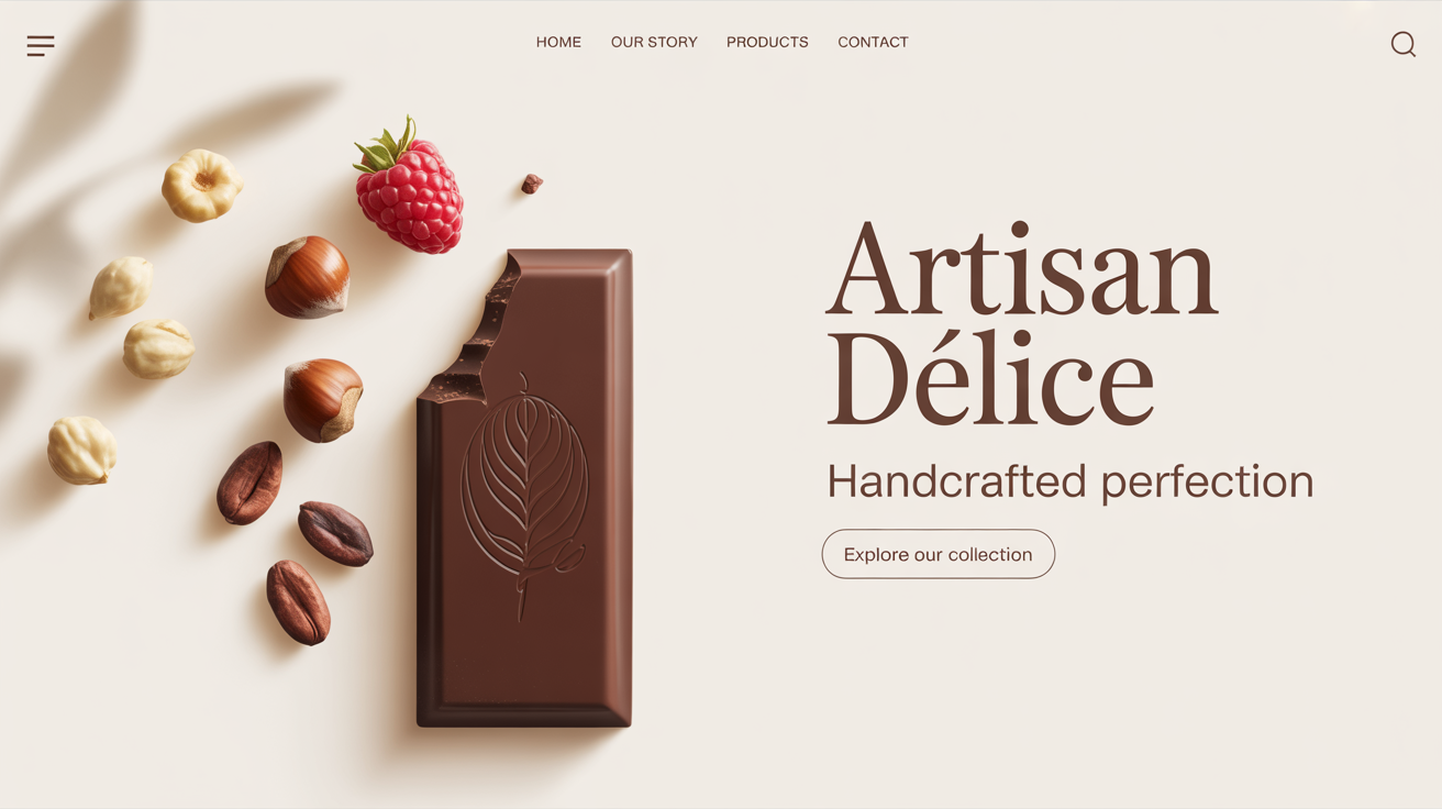 A mockup of a banner for a luxury chocolate brand named 'Artisan Délice', showing a dark chocolate bar, hazelnuts, and a raspberry on a white background.