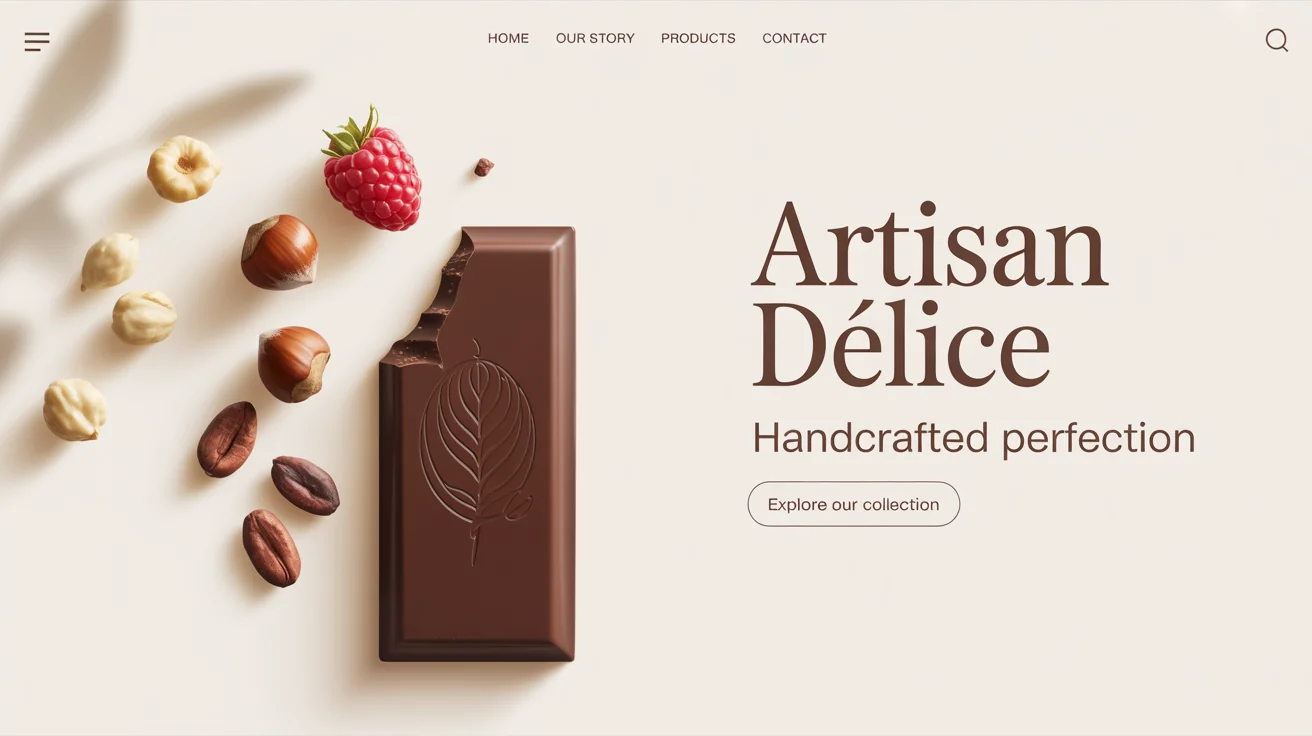 A mockup of a banner for a luxury chocolate brand named 'Artisan Délice', showing a dark chocolate bar, hazelnuts, and a raspberry on a white background.
