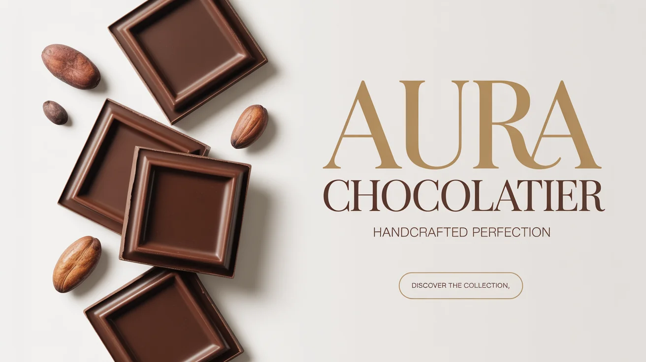 A mockup of a luxurious chocolate banner for 'AURA CHOCOLATIER', featuring a close-up of dark chocolate pieces and cocoa beans against a white background.