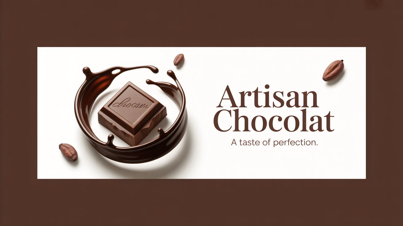 A professional banner advertisement for 'Artisan Chocolat' featuring a realistic image of a dark chocolate square, a splash of melted chocolate, and cocoa beans on a white background, with the tagline 'A Taste of Perfection'.