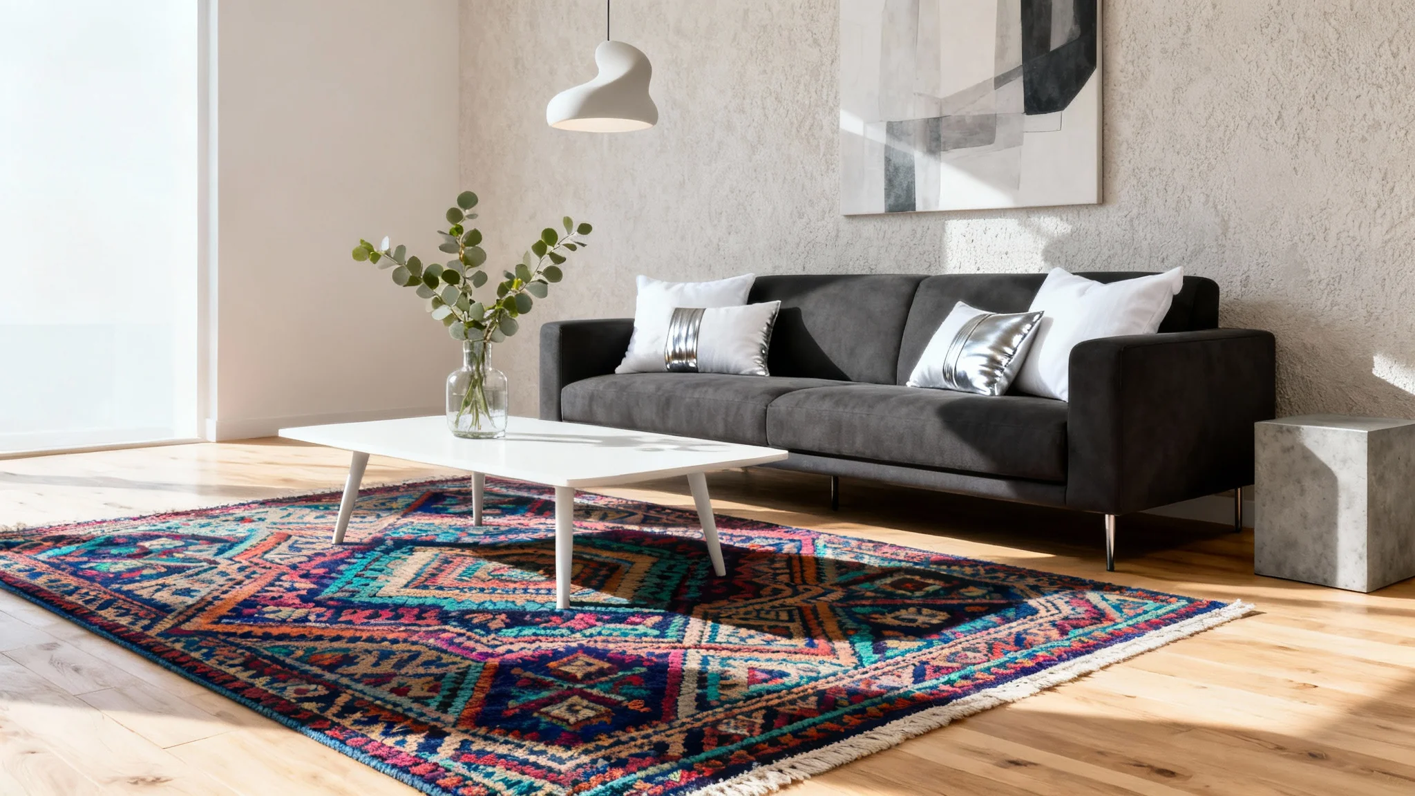 An eye-catching photo of a modern living room showcasing a virtually placed bohemian rug, demonstrating how a rug visualization tool works.
