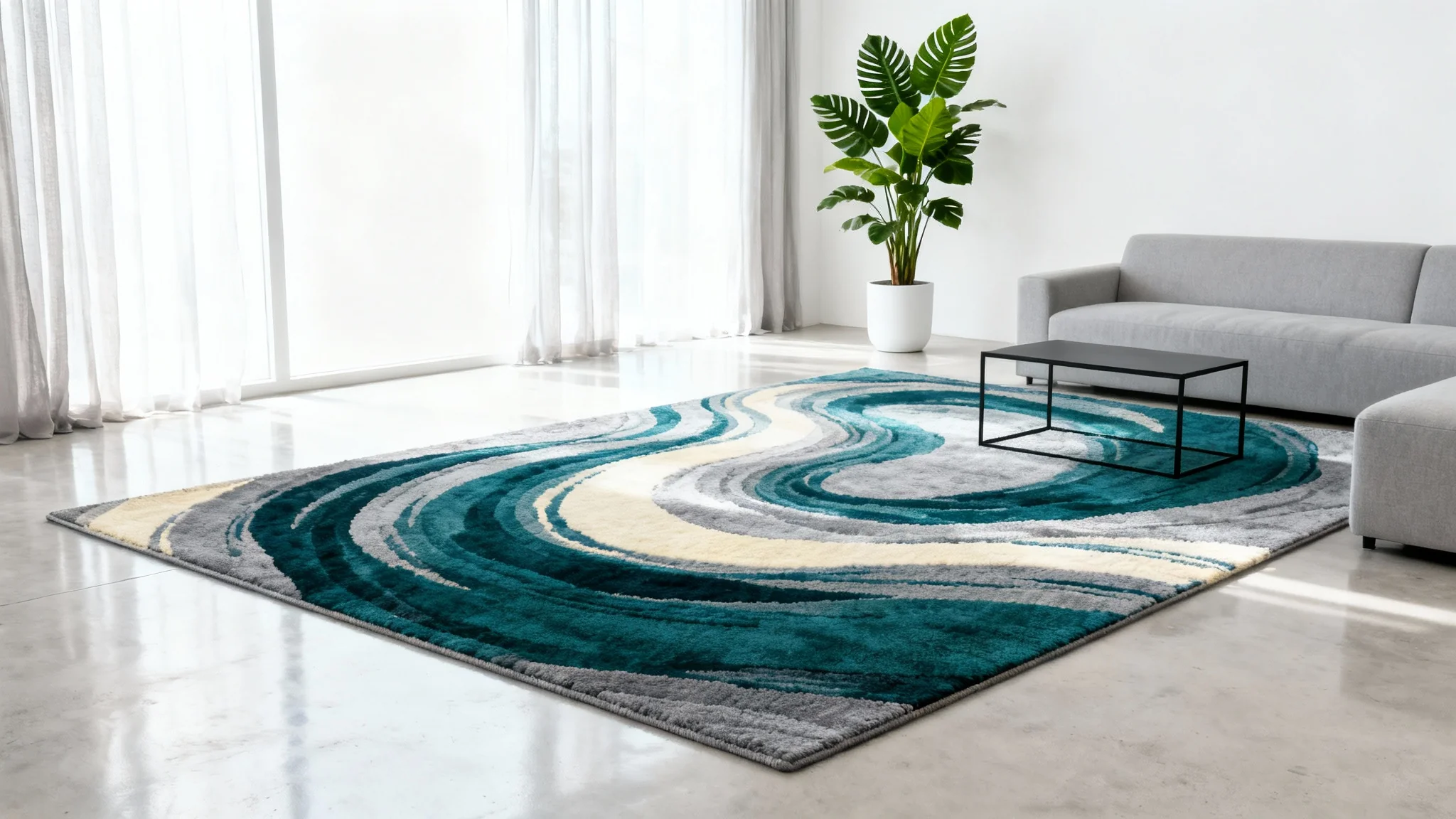 A photorealistic mockup of a modern living room where a large, contemporary rug with a teal, gray, and cream abstract pattern is visualized on the floor.