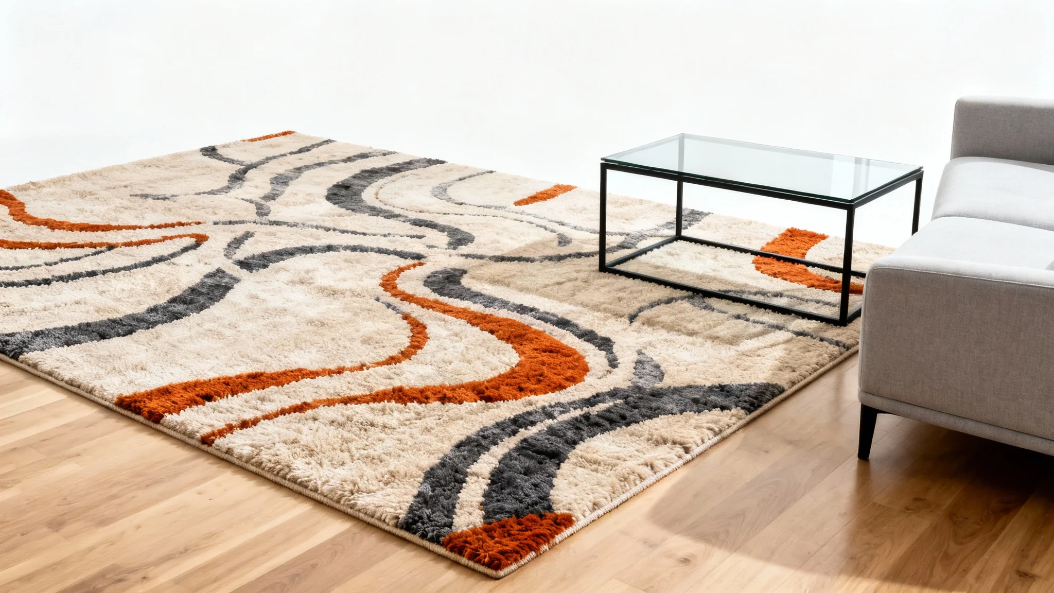 A photorealistic mockup of a modern abstract area rug with neutral and orange tones, placed in a minimalist living room setting against a white background.