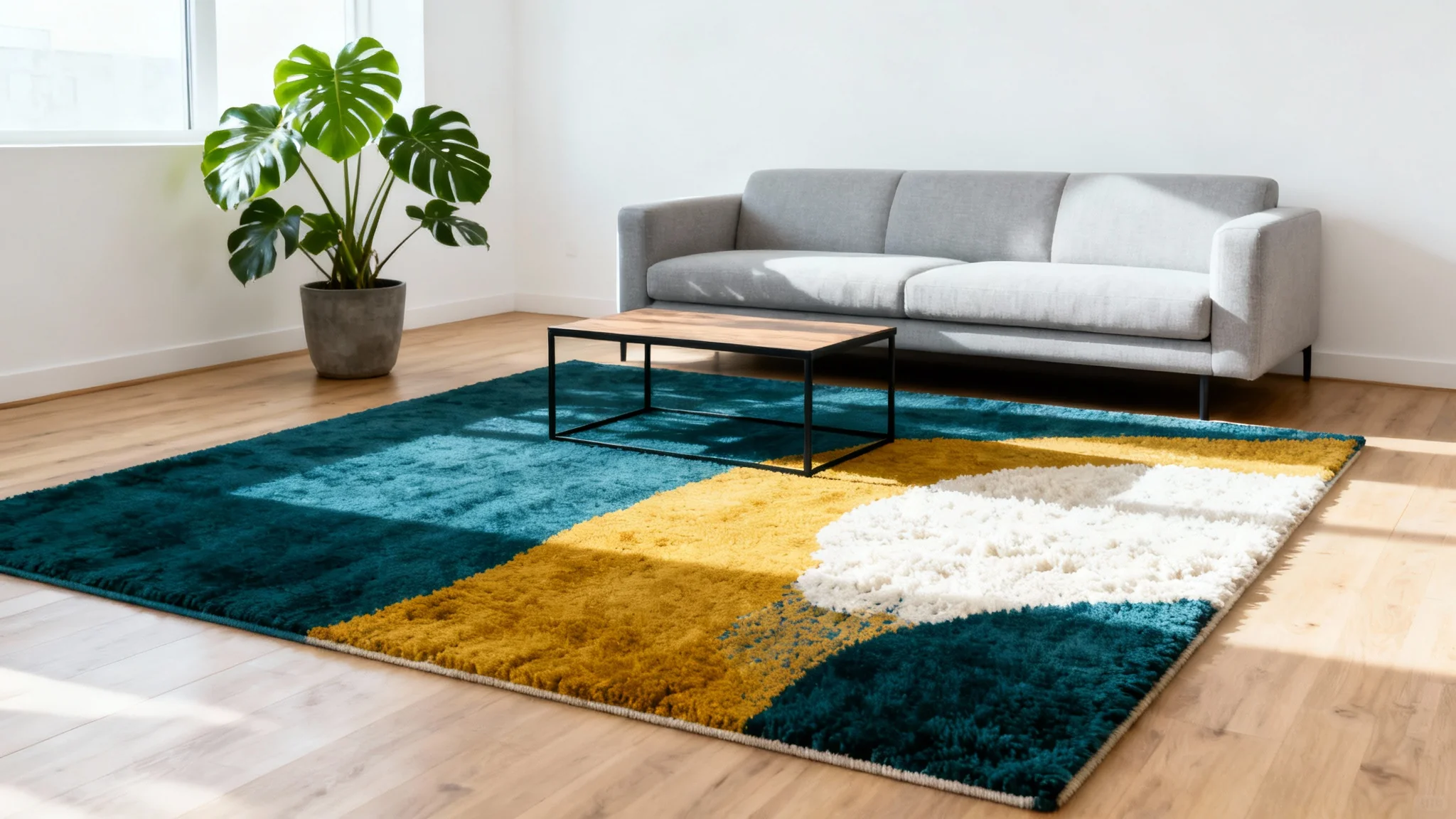 A photorealistic visualization of a contemporary abstract rug in a bright, modern living room setting.