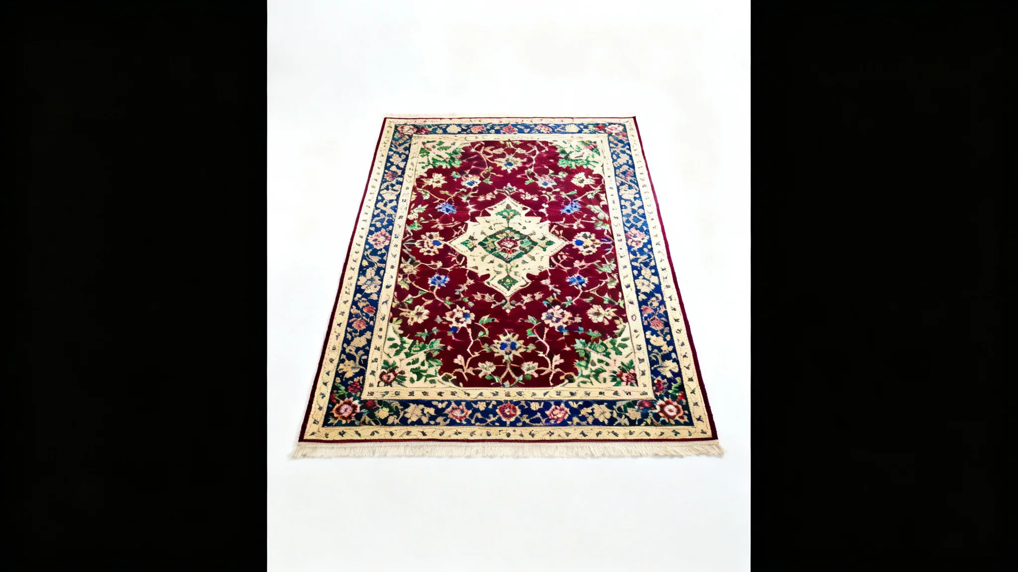 A detailed, top-down photograph of an intricate Persian rug with rich red, blue, and green patterns, displayed flat against a clean white background.