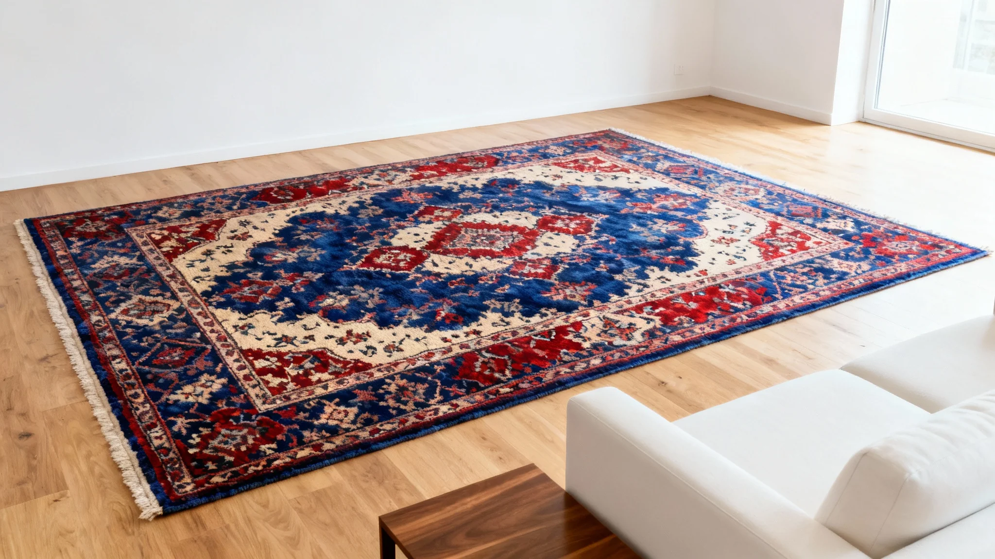 A photorealistic image of a modern, minimalist living room with a large, ornate Persian rug as the centerpiece on a light wood floor.