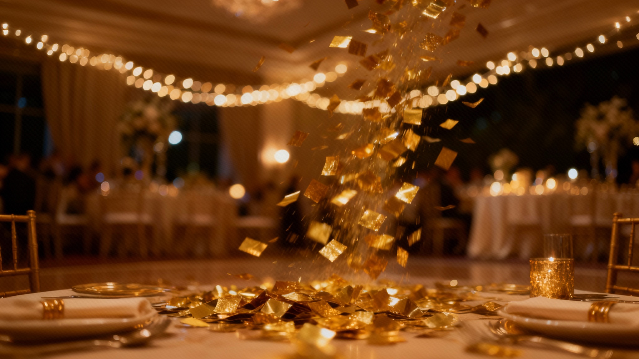 An elegant event space decorated for a celebration, with a beautifully set table and twinkling lights, under a cascade of shimmering gold confetti creating a festive overlay effect.