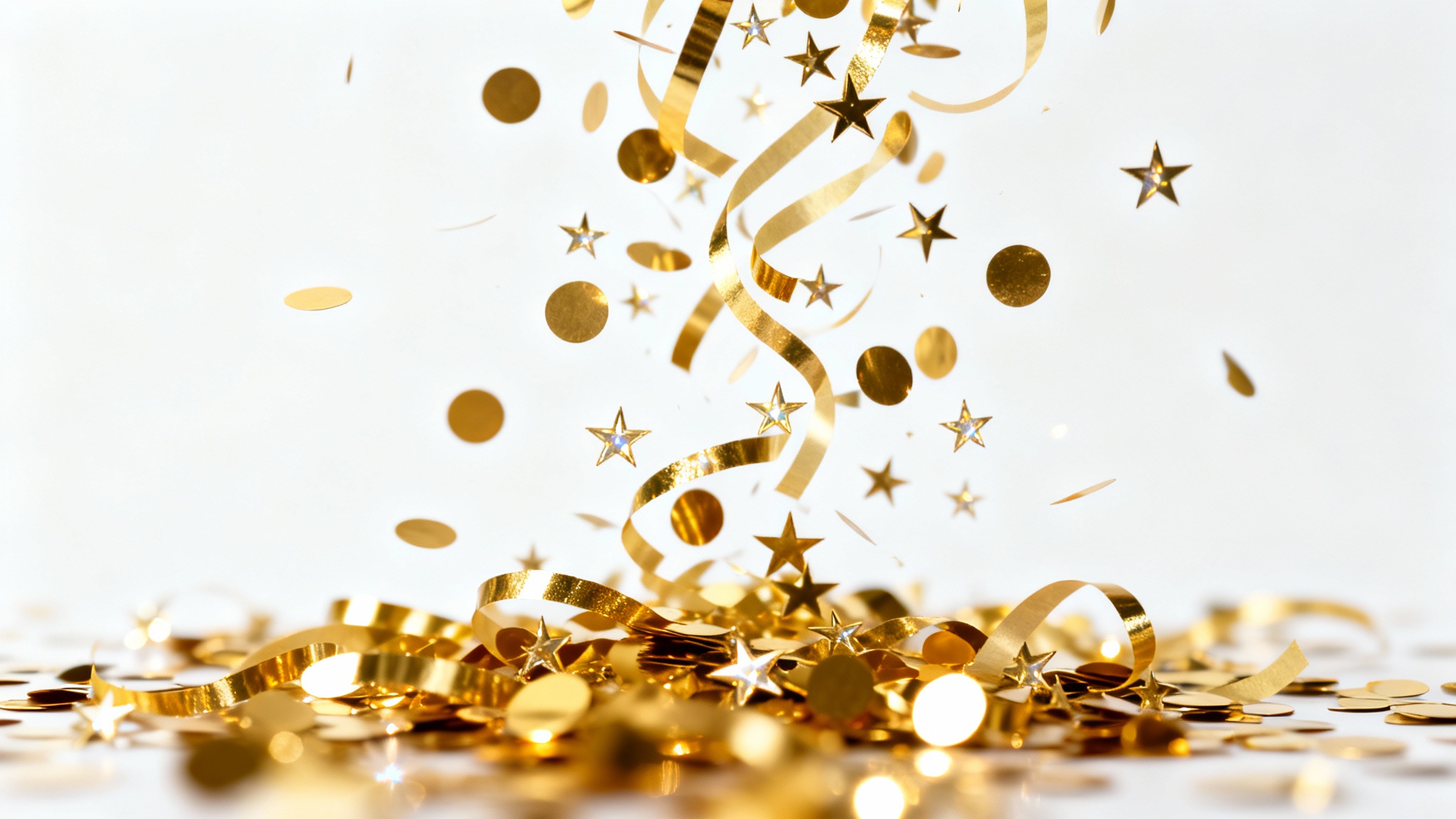 A photorealistic mockup of shimmering gold confetti in various shapes like circles and ribbons, appearing to float against a clean white background.