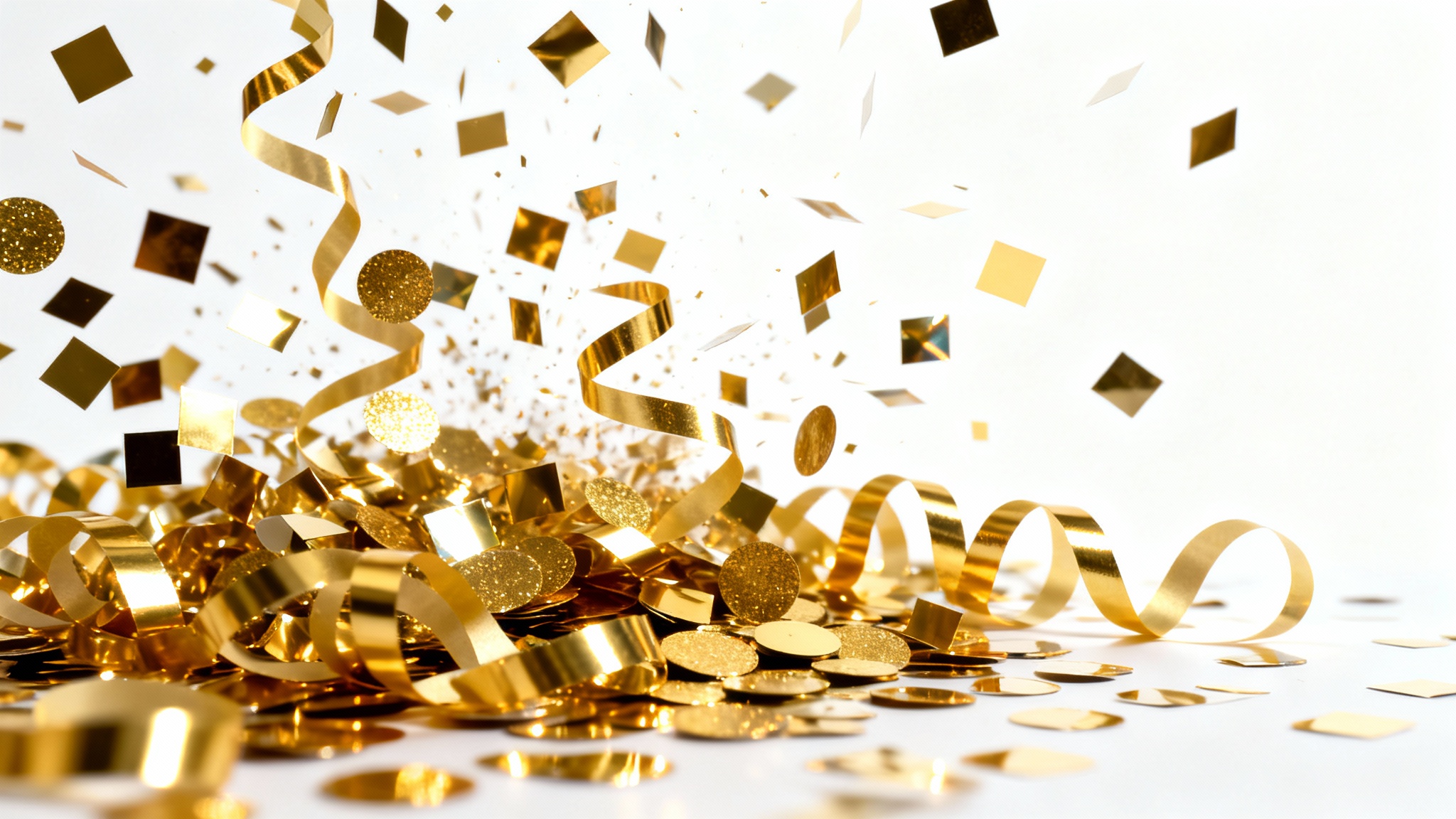 A photorealistic image showing a shower of shiny gold foil confetti falling against a clean white background, illustrating a festive overlay effect.