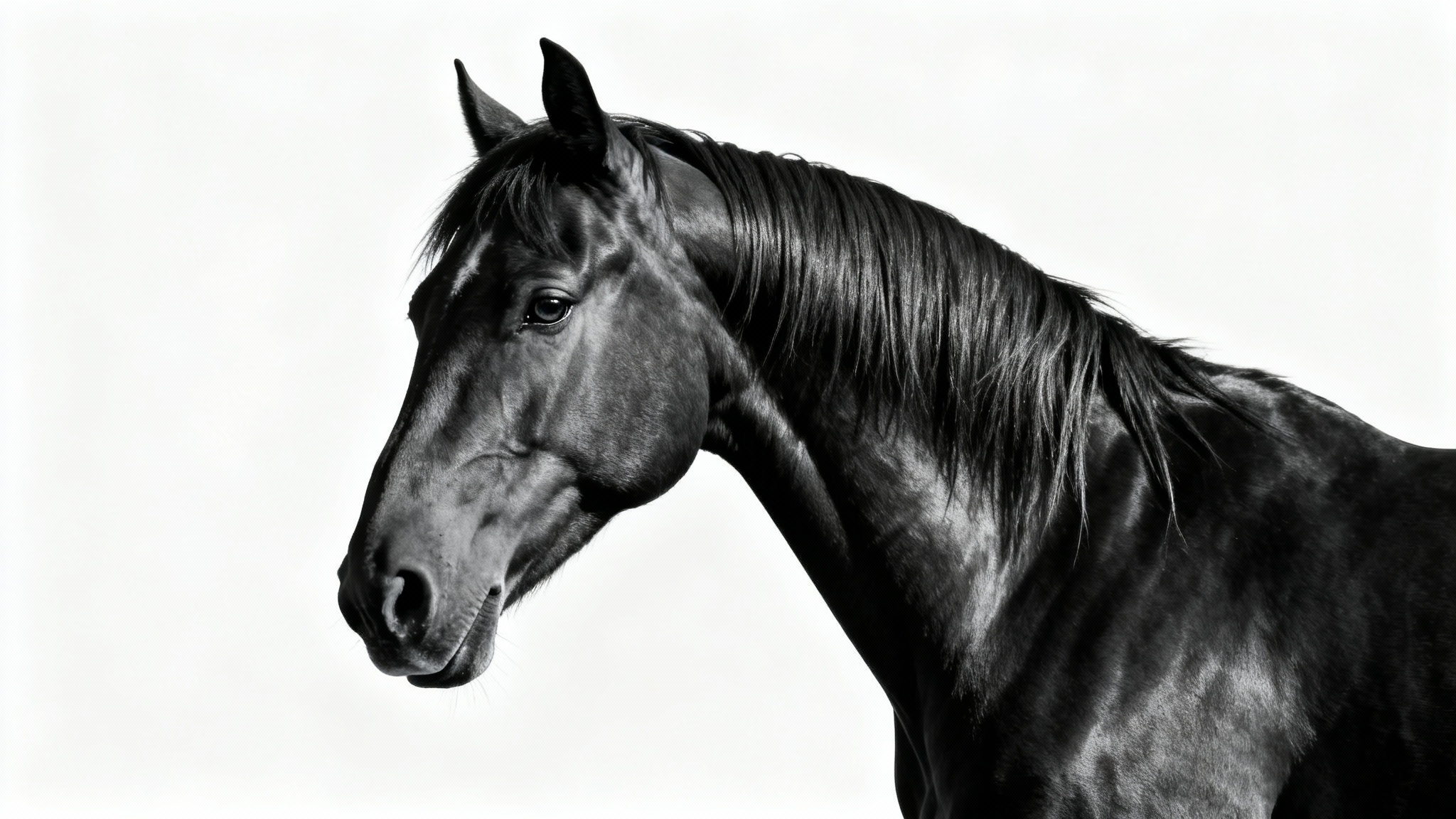 A stunning, high-contrast black and white studio portrait of a majestic horse's head against a solid white background. The dramatic lighting emphasizes its muscular features and the fine details of its eye and mane.