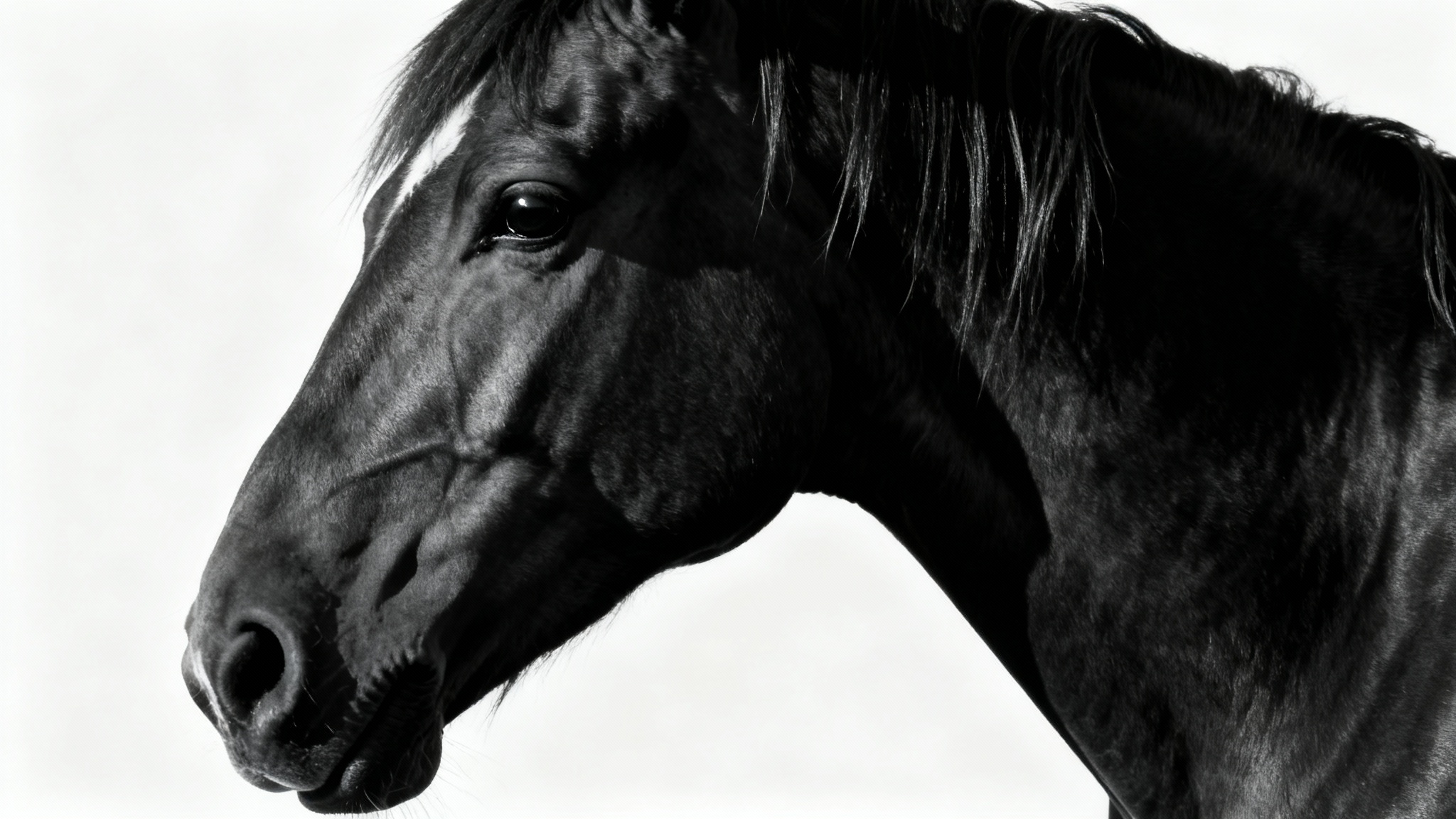 A dramatic, high-contrast black and white studio portrait of a horse's head against a clean white background, emphasizing its muscular form and flowing mane.