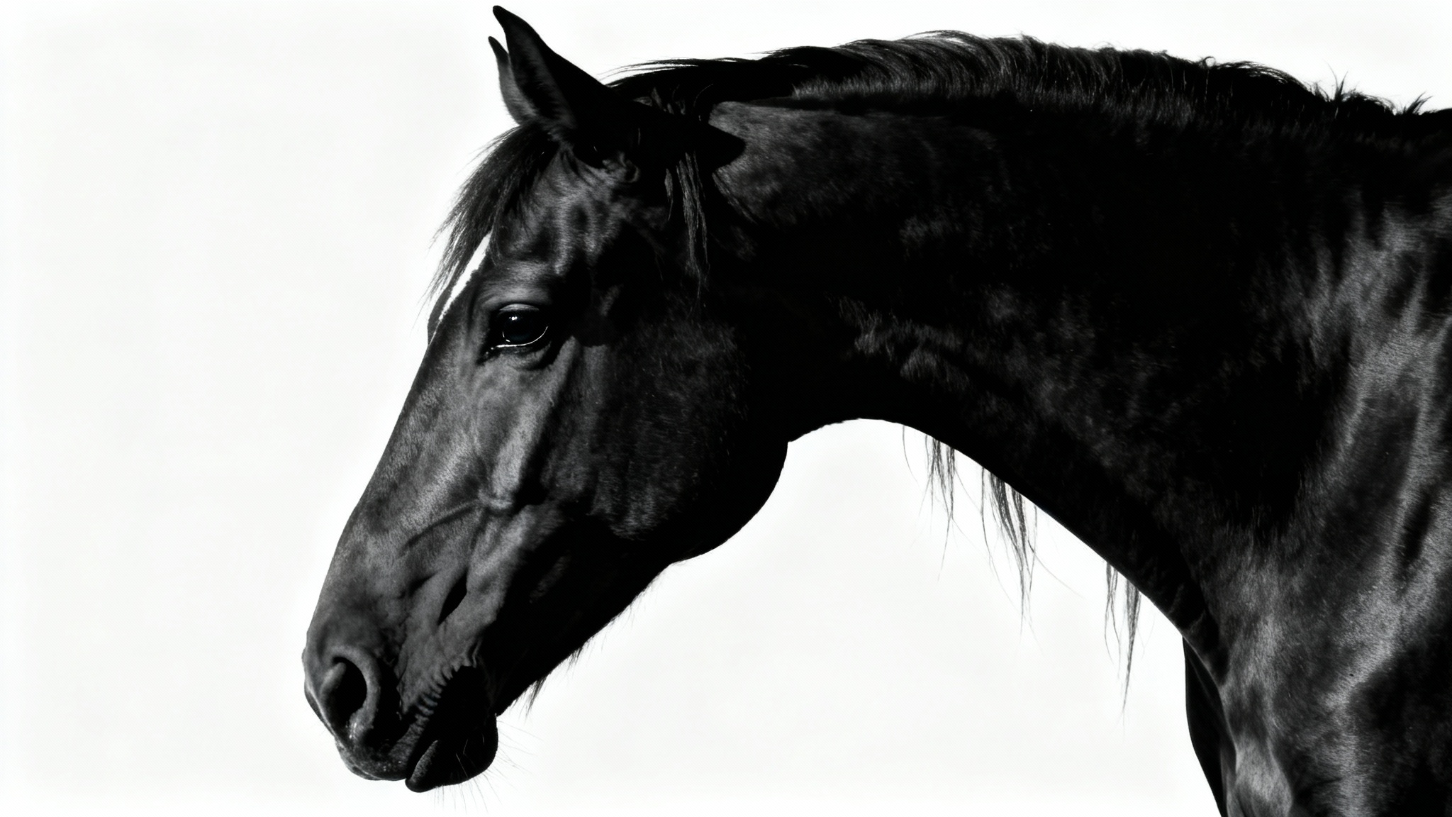 A stunning black and white portrait of a majestic horse against a clean white background. The image is a close-up, highlighting the horse's elegant features and powerful form in dramatic lighting.